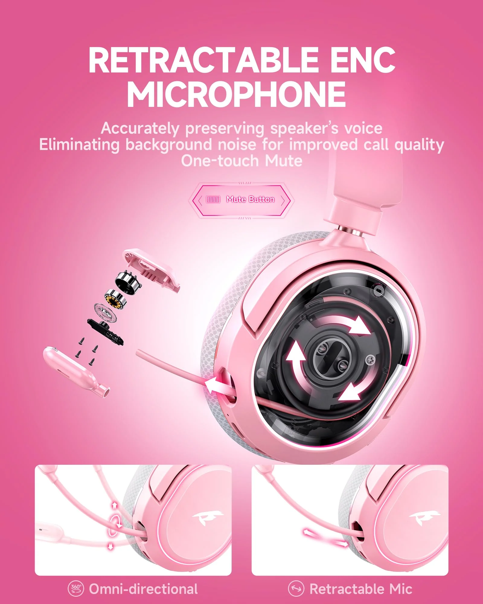 Wireless Gaming Headset, 7.1 Surround Sound, 2.4GHz USB Gaming Headphones with Bluetooth 5.4, 100H Battery, ENC Noise Canceling Mic, RGB Light, Wireless Headset for PC PS5 PS4 Mac Switch (Gray-Pink) White-Pink - Image 5