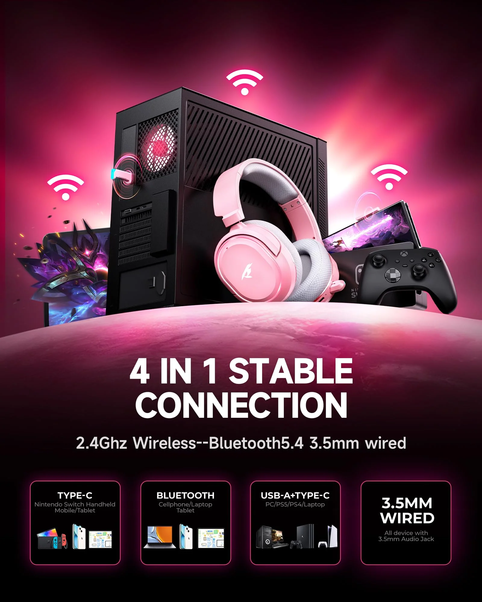 Wireless Gaming Headset, 7.1 Surround Sound, 2.4GHz USB Gaming Headphones with Bluetooth 5.4, 100H Battery, ENC Noise Canceling Mic, RGB Light, Wireless Headset for PC PS5 PS4 Mac Switch (Gray-Pink) White-Pink - Image 7