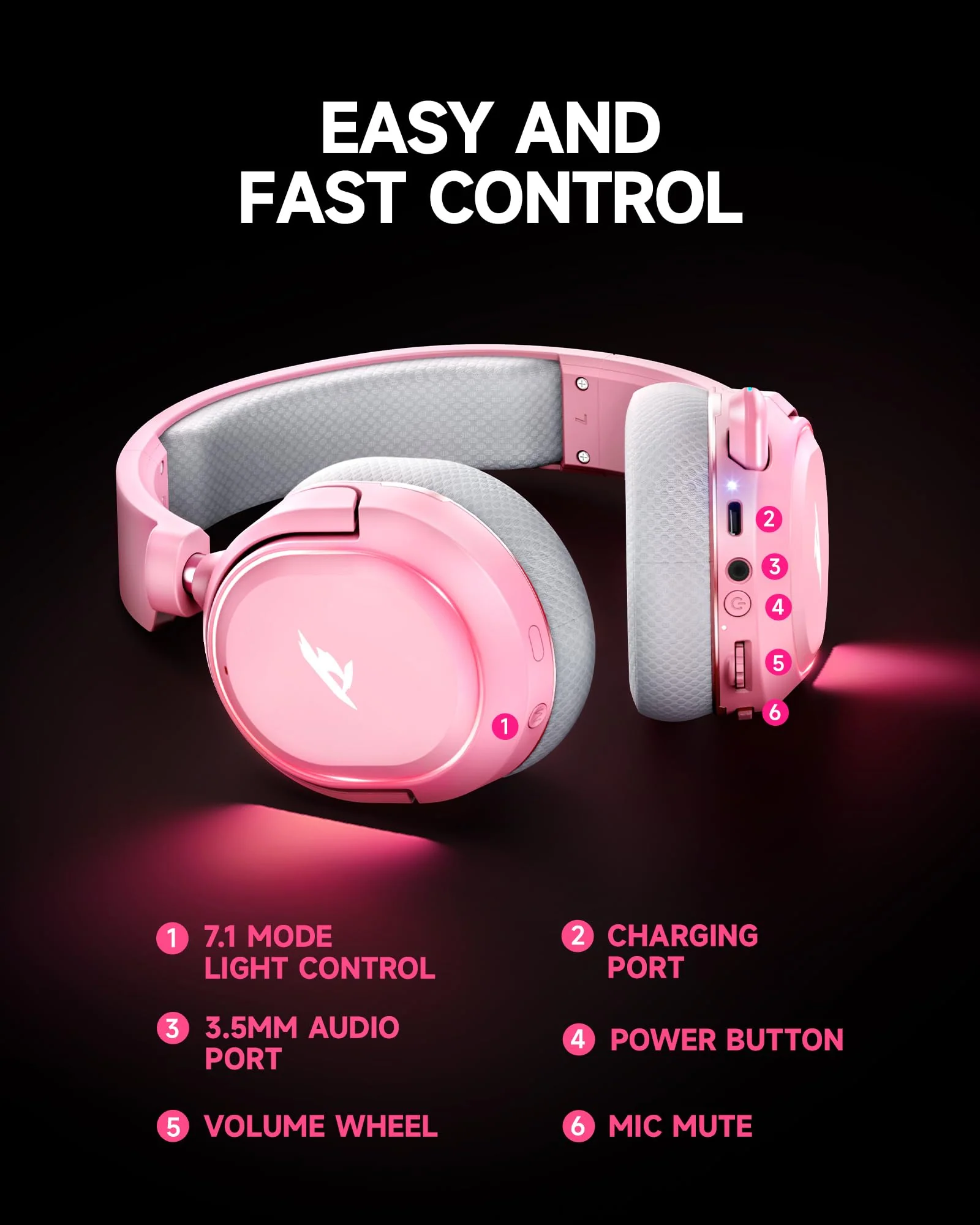 Wireless Gaming Headset, 7.1 Surround Sound, 2.4GHz USB Gaming Headphones with Bluetooth 5.4, 100H Battery, ENC Noise Canceling Mic, RGB Light, Wireless Headset for PC PS5 PS4 Mac Switch (Gray-Pink) White-Pink - Image 8