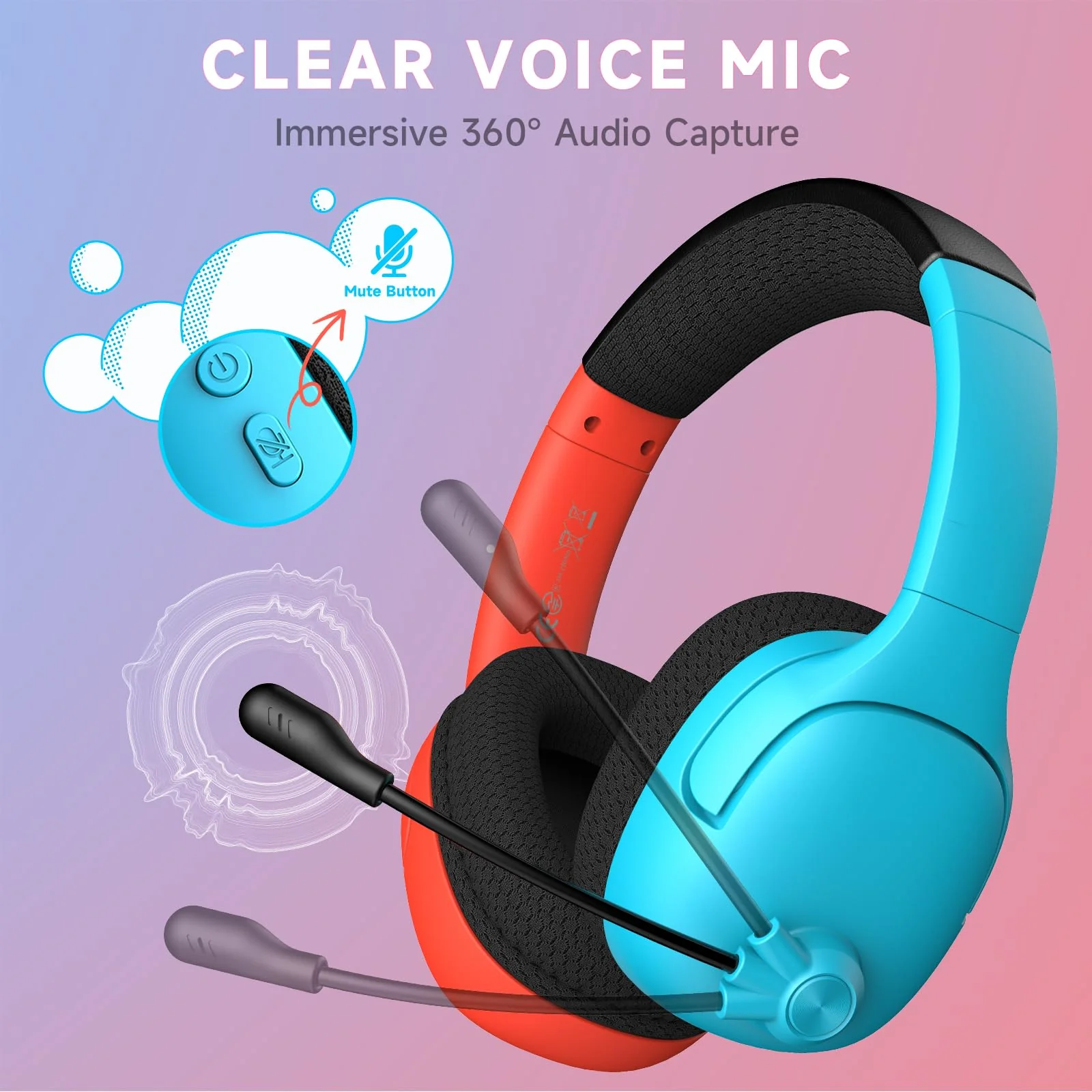 Wireless Gaming Headset for Nintendo Switch/Lite/OLED, Wireless Gaming Headphones with Mic for Nintendo Switch 2/Fortnite/Sports - Red/Blue - Image 3