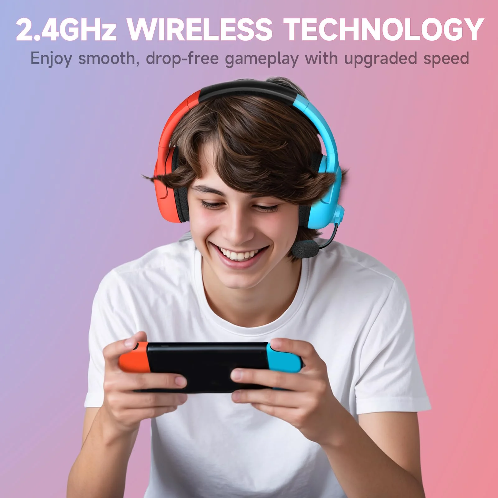 Wireless Gaming Headset for Nintendo Switch/Lite/OLED, Wireless Gaming Headphones with Mic for Nintendo Switch 2/Fortnite/Sports - Red/Blue - Image 4