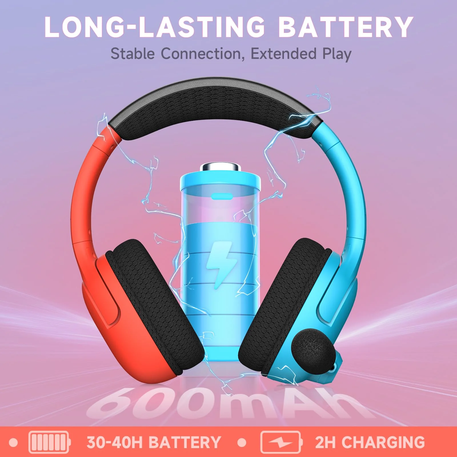 Wireless Gaming Headset for Nintendo Switch/Lite/OLED, Wireless Gaming Headphones with Mic for Nintendo Switch 2/Fortnite/Sports - Red/Blue - Image 6