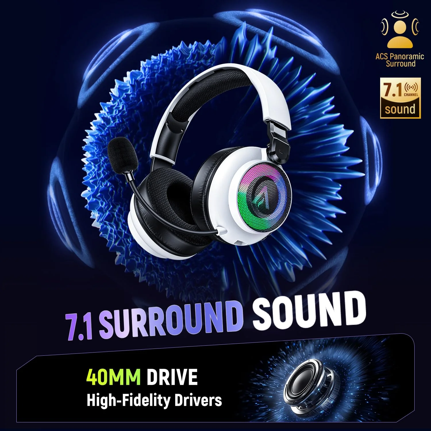 Wireless Gaming Headset for Ps5 Ps4 - 2.4GHz, Bluetooth, Wired, 7.1 Surround Sound, Noise Cancelling Mic, RGB Lights, 40H+ Battery, Lossless Audio, Comfy Over Ear Headphones for PC, Switch, Xbox, Mac White - Image 3