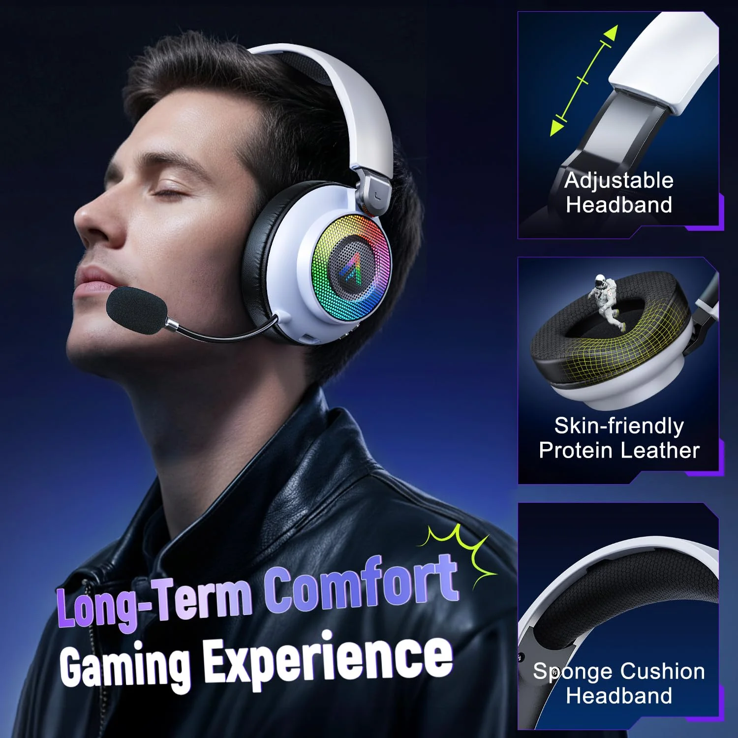 Wireless Gaming Headset for Ps5 Ps4 - 2.4GHz, Bluetooth, Wired, 7.1 Surround Sound, Noise Cancelling Mic, RGB Lights, 40H+ Battery, Lossless Audio, Comfy Over Ear Headphones for PC, Switch, Xbox, Mac White - Image 6