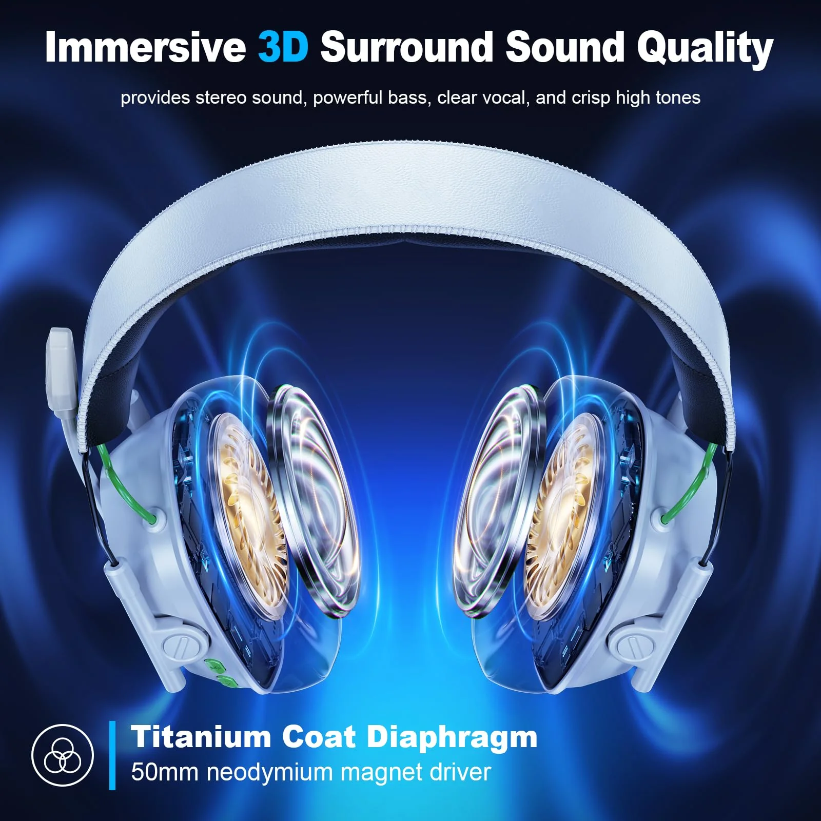 Wireless Gaming Headset for PS5, PS4, PC, Laptop, Mac & Switch, Dual Low-Latency 2.4GHz USB/Type-C & BT 5.4, ENC Noise-Canceling Mic, 3D Stereo Sound, RGB Lighting, 48H Battery Pure White - Image 2