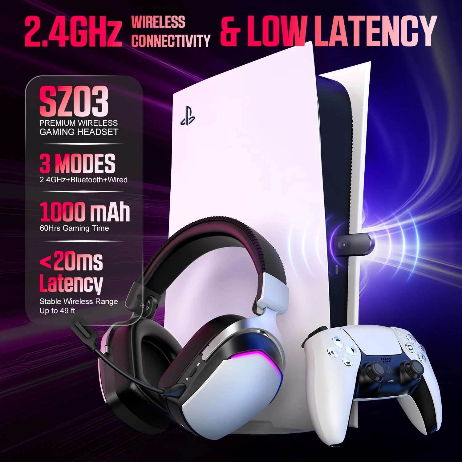 Wireless Gaming Headset for PS5 PS4 PC Mac Switch, RGB Headphones with 7.1 Surround Sound, Bluetooth 5.4, 60H Battery, Noise Canceling Mic & 50mm Drivers - Image 2