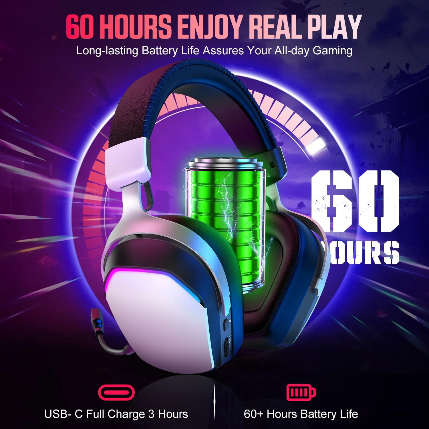 Wireless Gaming Headset for PS5 PS4 PC Mac Switch, RGB Headphones with 7.1 Surround Sound, Bluetooth 5.4, 60H Battery, Noise Canceling Mic & 50mm Drivers - Image 4