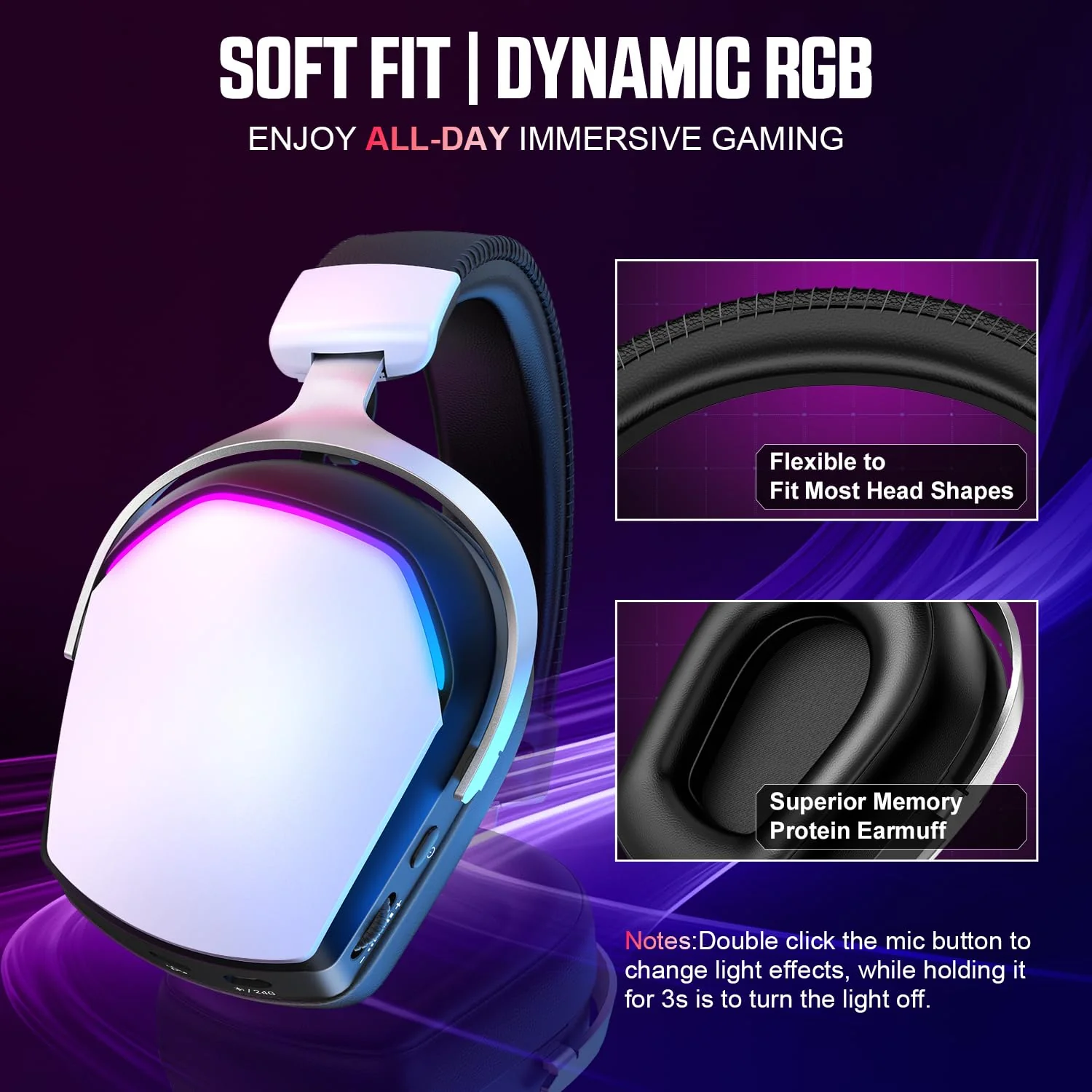 Wireless Gaming Headset for PS5 PS4 PC Mac Switch, RGB Headphones with 7.1 Surround Sound, Bluetooth 5.4, 60H Battery, Noise Canceling Mic & 50mm Drivers - Image 7