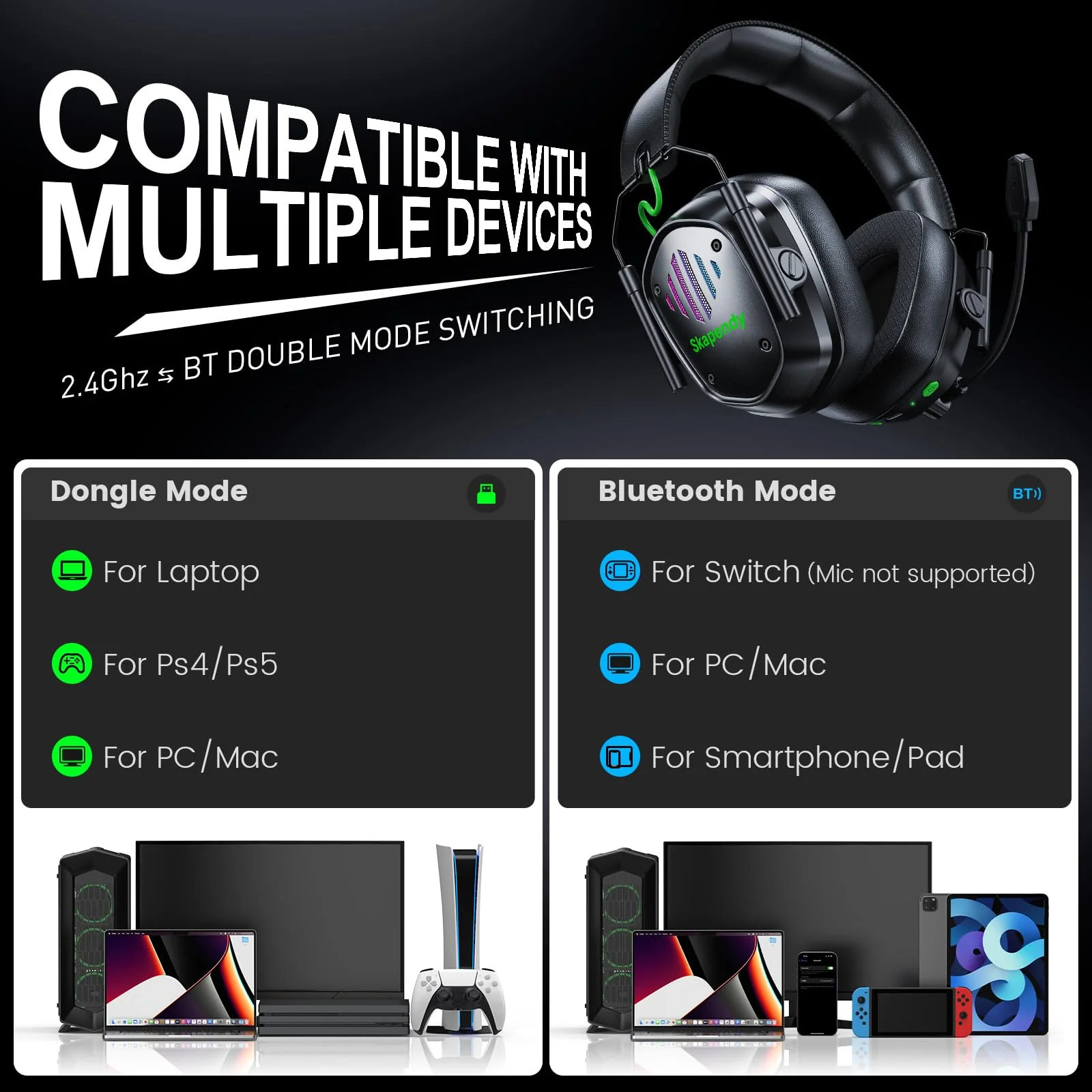 Wireless Gaming Headset for PS5, PS4, PC, Switch – 2.4GHz & Bluetooth Headphones with Mic, 20ms Low Latency, 3D Stereo Sound, ENC Noise Canceling, RGB Lighting, 50H Battery Life Graphite Black - Image 7