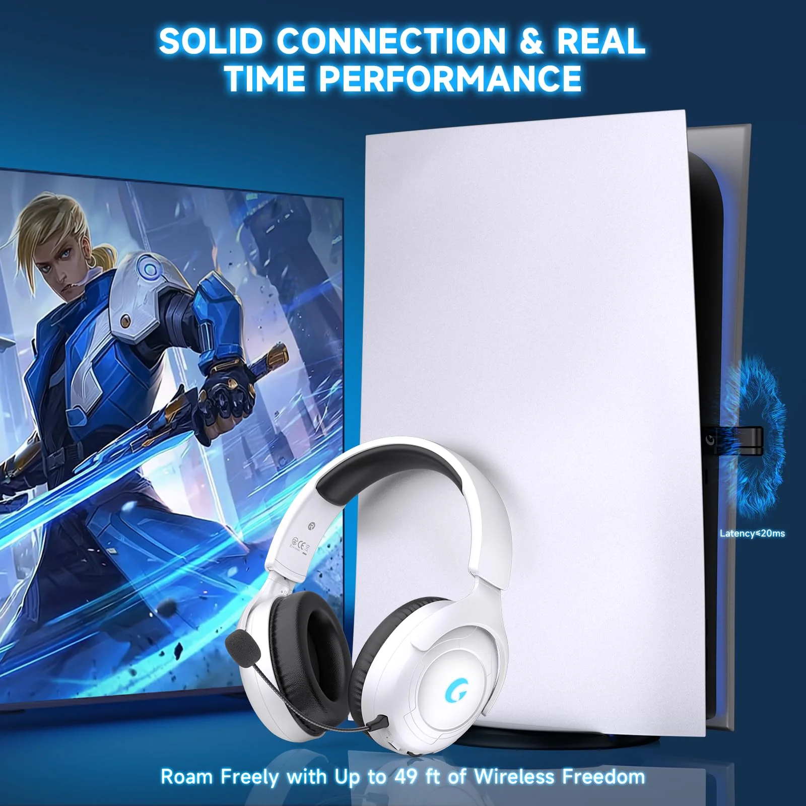 Wireless Gaming Headset for PS5/PS4,PC,Switch,Mac, 2.4GHz Gaming Headset with Mic, 45H Battery, Surround Sound, Noise Cancelling Over Ear Headphones Bluetooth 5.3, for Xbox Needs 3.5mm Cable - White - Image 2