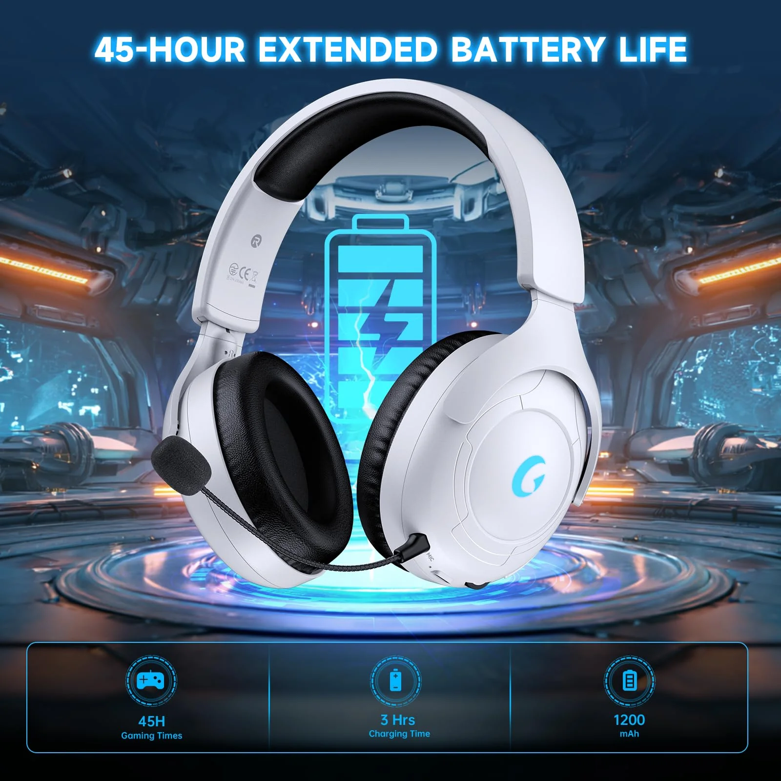 Wireless Gaming Headset for PS5/PS4,PC,Switch,Mac, 2.4GHz Gaming Headset with Mic, 45H Battery, Surround Sound, Noise Cancelling Over Ear Headphones Bluetooth 5.3, for Xbox Needs 3.5mm Cable - White - Image 6