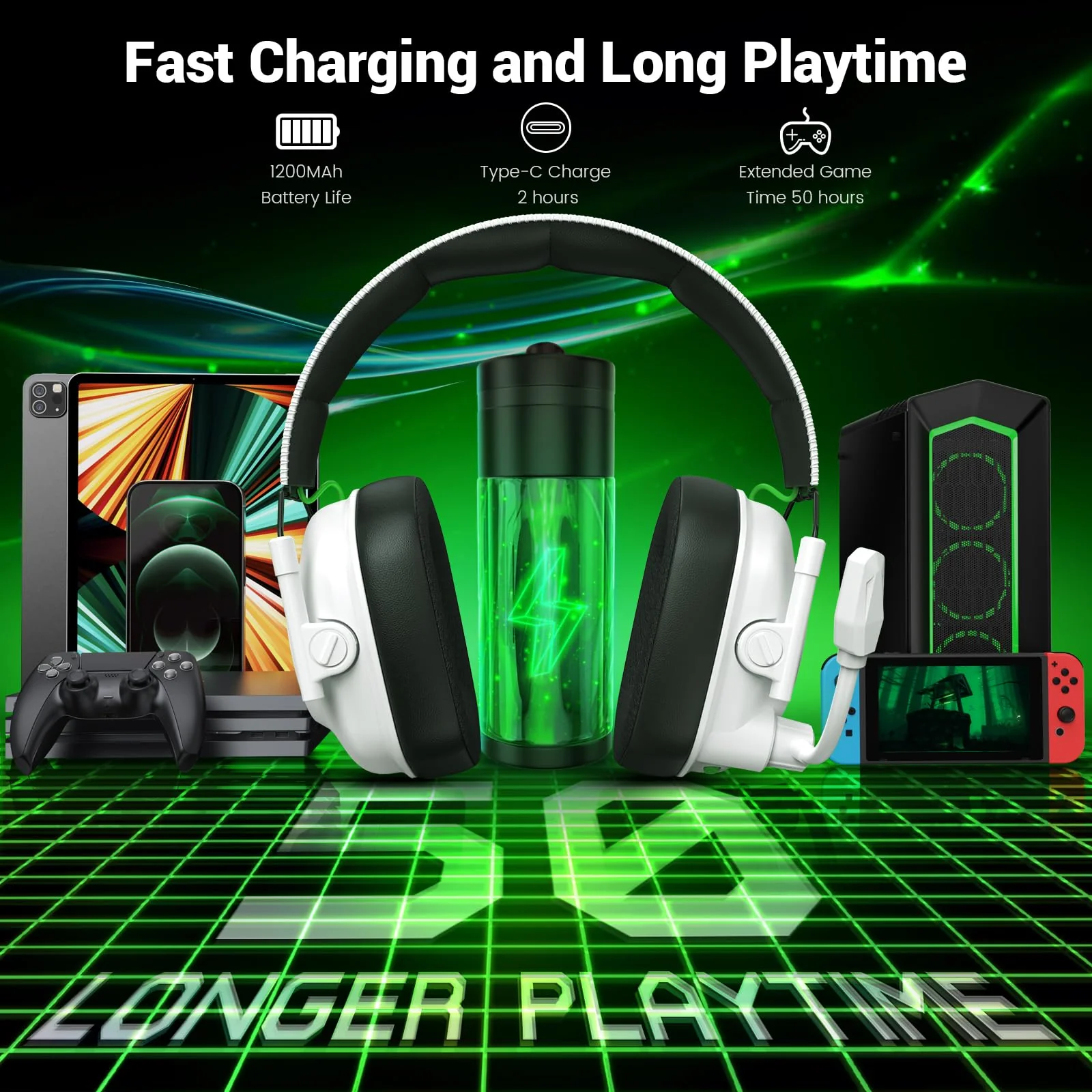 Wireless Gaming Headset for Xbox Series X|S, Xbox One, PC, PS5, PS4, Mac, Switch, 2.4 GHz Wireless & Bluetooth 5.4 Gaming Headphones with Noise Canceling Microphone, 50Hr Battery, 50mm Drivers-White White - Image 7