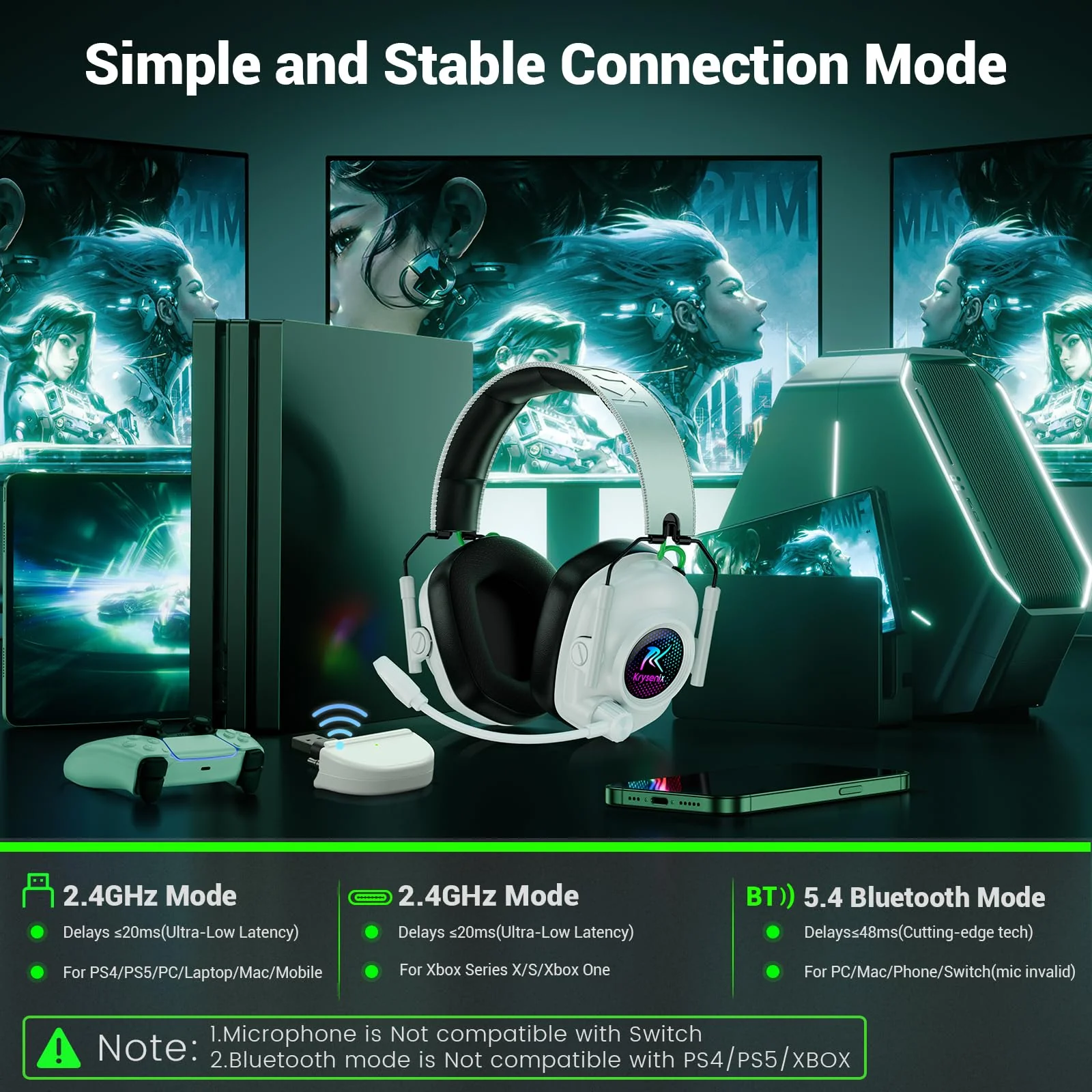 Wireless Gaming Headset for Xbox Series X|S, Xbox One, PC, PS5, PS4, Mac, Switch, 2.4 GHz Wireless & Bluetooth 5.4 Gaming Headphones with Noise Canceling Microphone, 50Hr Battery, 50mm Drivers-White White - Image 8