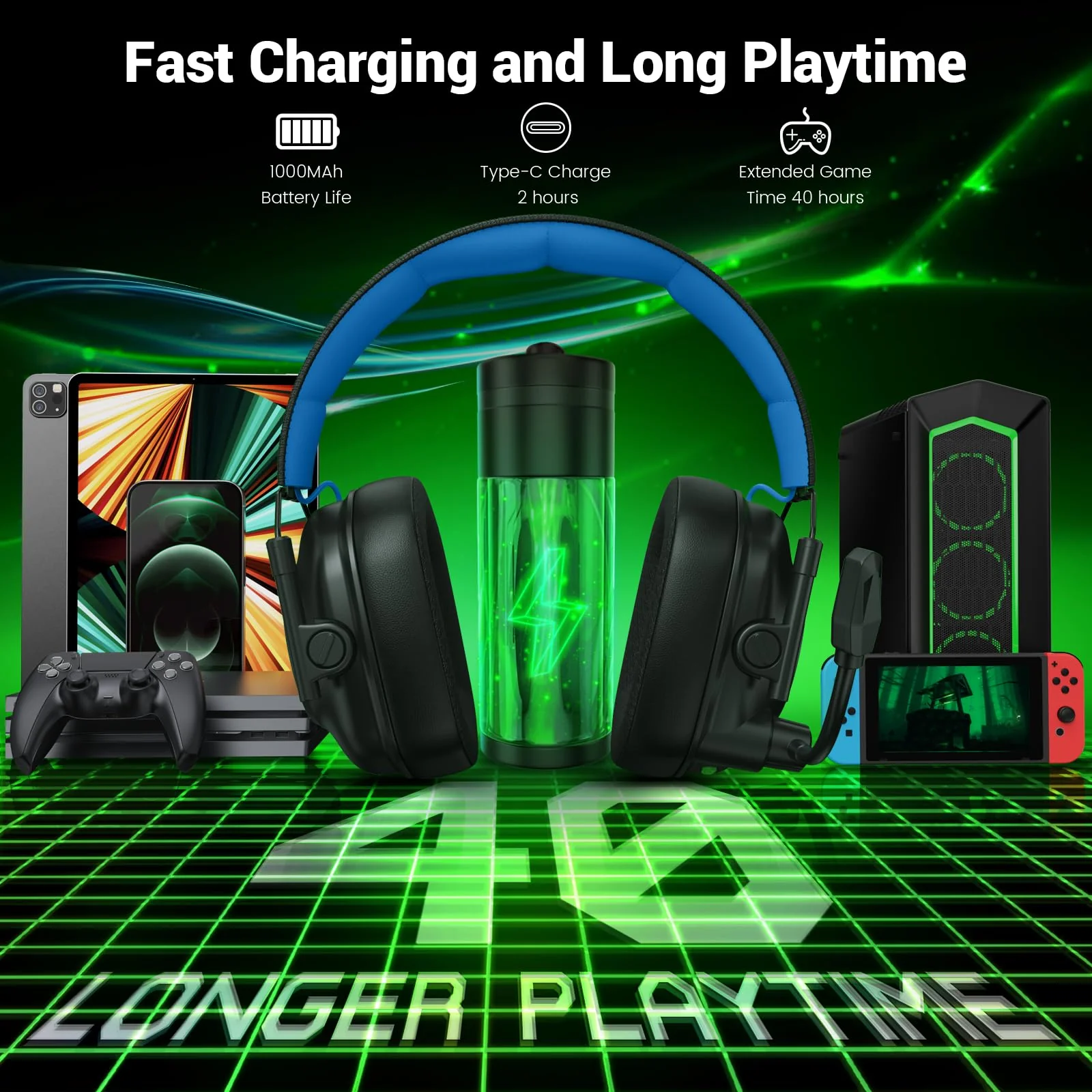 Wireless Gaming Headset with Noise Canceling Microphone for PC, PS5, PS4, Switch, Mac, 2.4 GHz Wireless & Bluetooth 5.4 Gaming Headphones, Cool RGB Lighting, 40Hr Battery, 50mm Drivers(Black Blue) Black Blue - Image 5