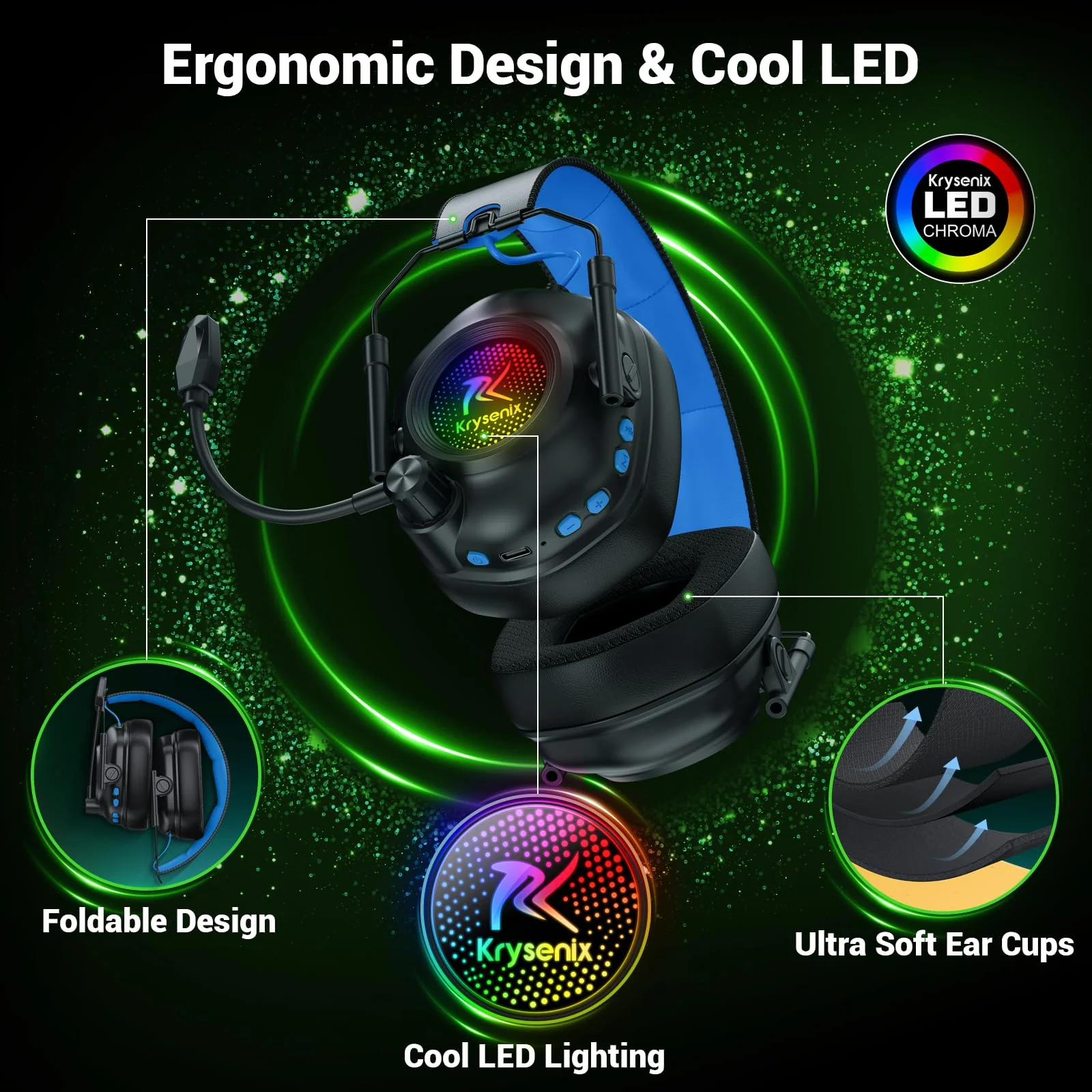 Wireless Gaming Headset with Noise Canceling Microphone for PC, PS5, PS4, Switch, Mac, 2.4 GHz Wireless & Bluetooth 5.4 Gaming Headphones, Cool RGB Lighting, 40Hr Battery, 50mm Drivers(Black Blue) Black Blue - Image 6