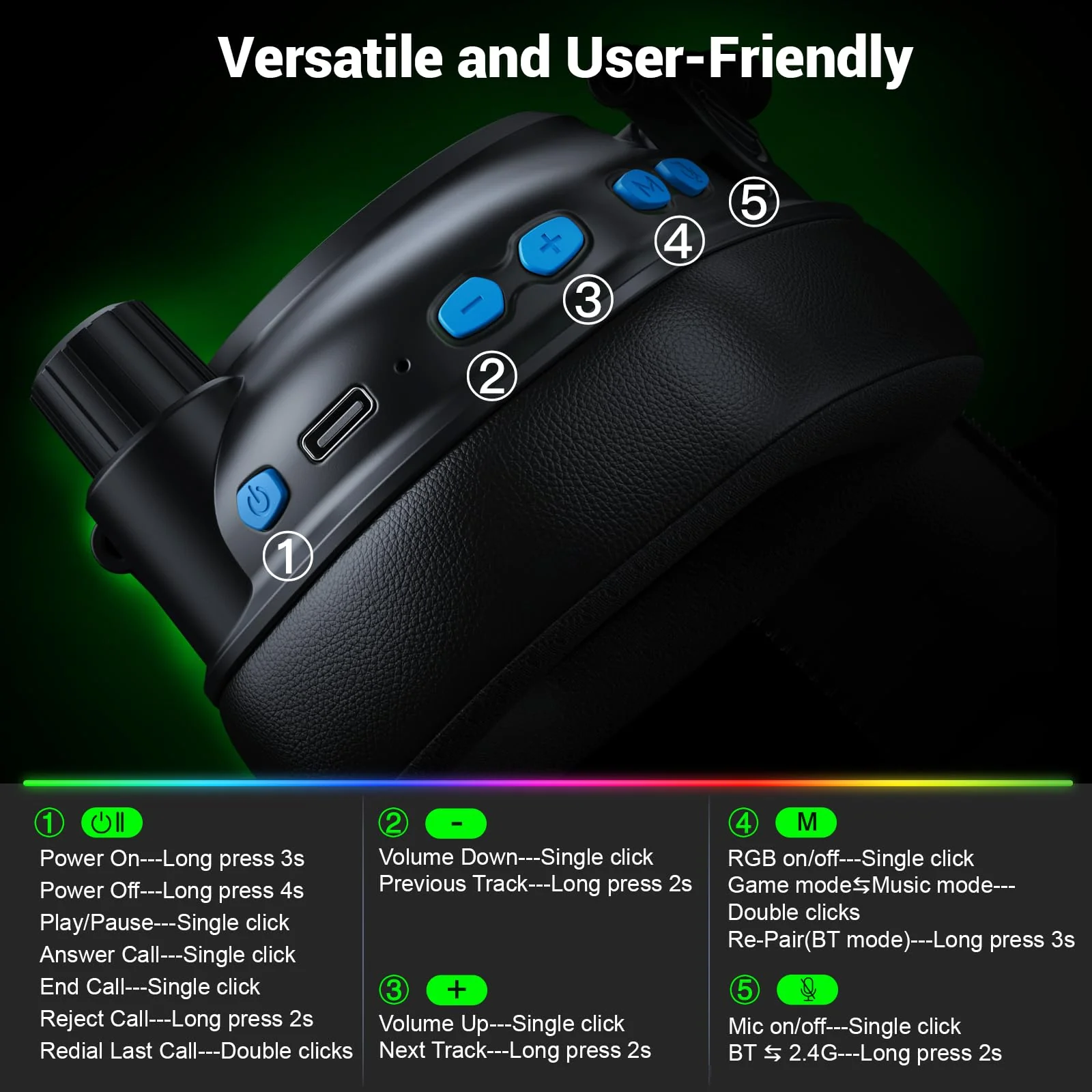 Wireless Gaming Headset with Noise Canceling Microphone for PC, PS5, PS4, Switch, Mac, 2.4 GHz Wireless & Bluetooth 5.4 Gaming Headphones, Cool RGB Lighting, 40Hr Battery, 50mm Drivers(Black Blue) Black Blue - Image 8