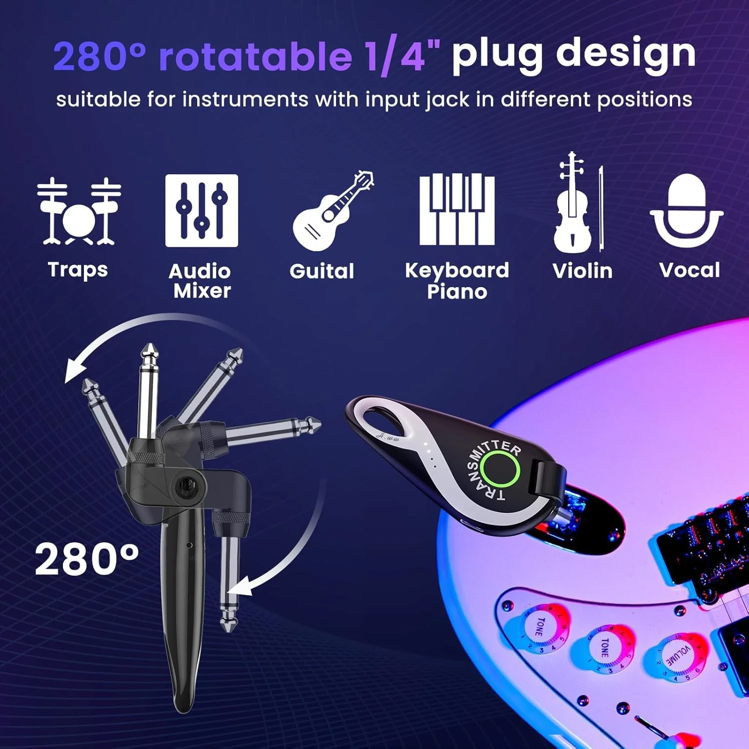 Wireless Guitar System 2.4 GHz, Professional Starter Rechargeable Audio Wireless Guitar Transmitter Receiver for Guitar, Bass, Electronic Instruments (H1) - Image 3