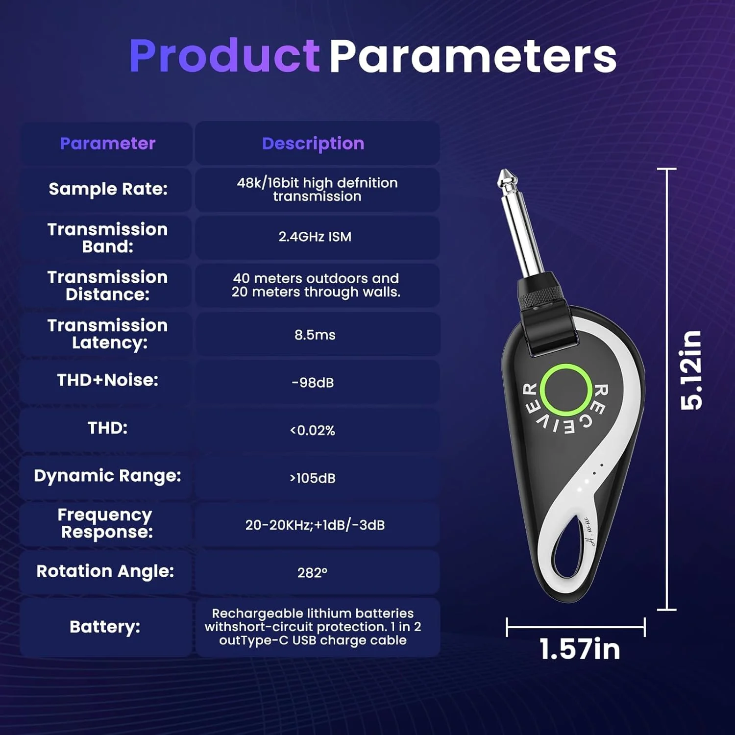 Wireless Guitar System 2.4 GHz, Professional Starter Rechargeable Audio Wireless Guitar Transmitter Receiver for Guitar, Bass, Electronic Instruments (H1) - Image 6