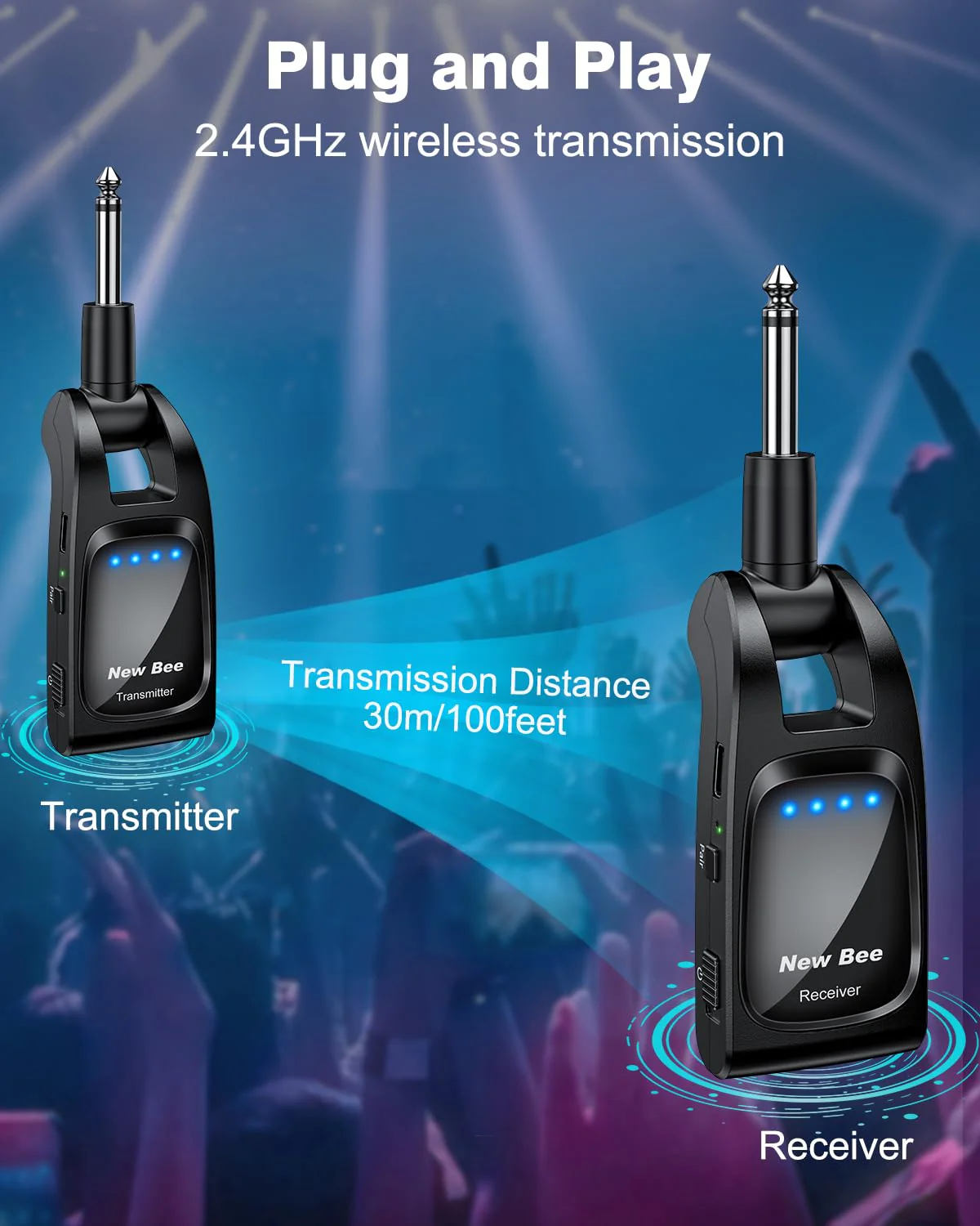 Wireless Guitar System 2.4 GHz with 6 Channels Rechargeable Audio Wireless Guitar Transmitter Receiver for Bass Electric Instruments Black - Image 2