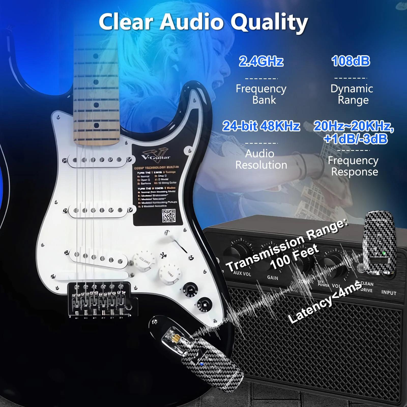 Wireless Guitar System 2.4GHz Transmitter Receiver, 24-bit 48KHz Audio, 100ft Range, Rechargeable 5-Hour Battery, 250° Rotating Plug, No Latency for Electric Bass, Guitar Accessories K6 - Image 3