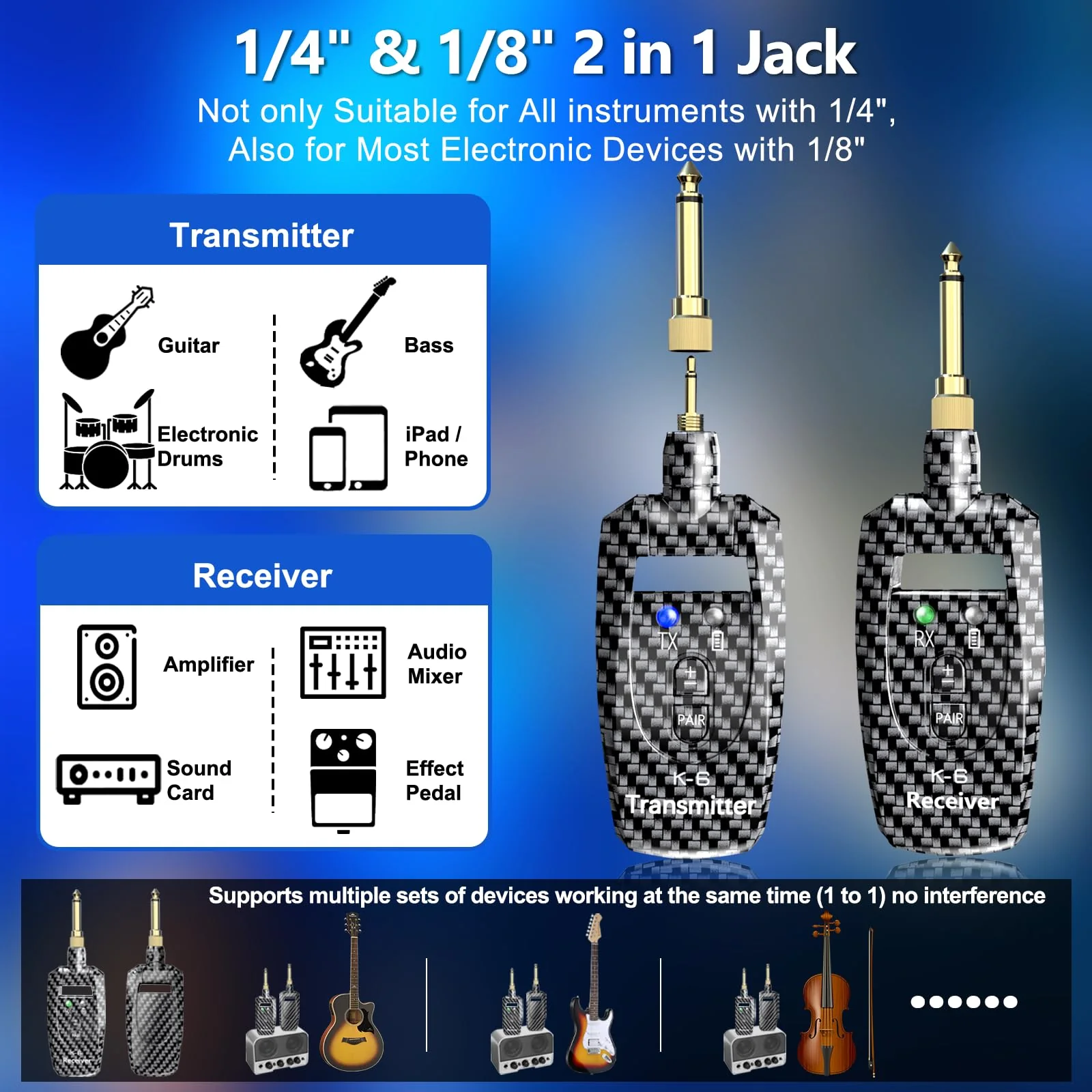 Wireless Guitar System 2.4GHz Transmitter Receiver, 24-bit 48KHz Audio, 100ft Range, Rechargeable 5-Hour Battery, 250° Rotating Plug, No Latency for Electric Bass, Guitar Accessories K6 - Image 7