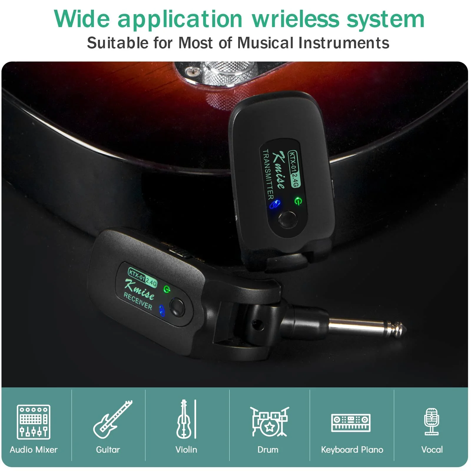Wireless Guitar System, Kmise 2.4GHZ Transmitter Receiver for Electric Bass Guitars Accessories W/ 100 Feet Transmission Distance & over Working 10h Rechargeable Lithium Battery - Image 5