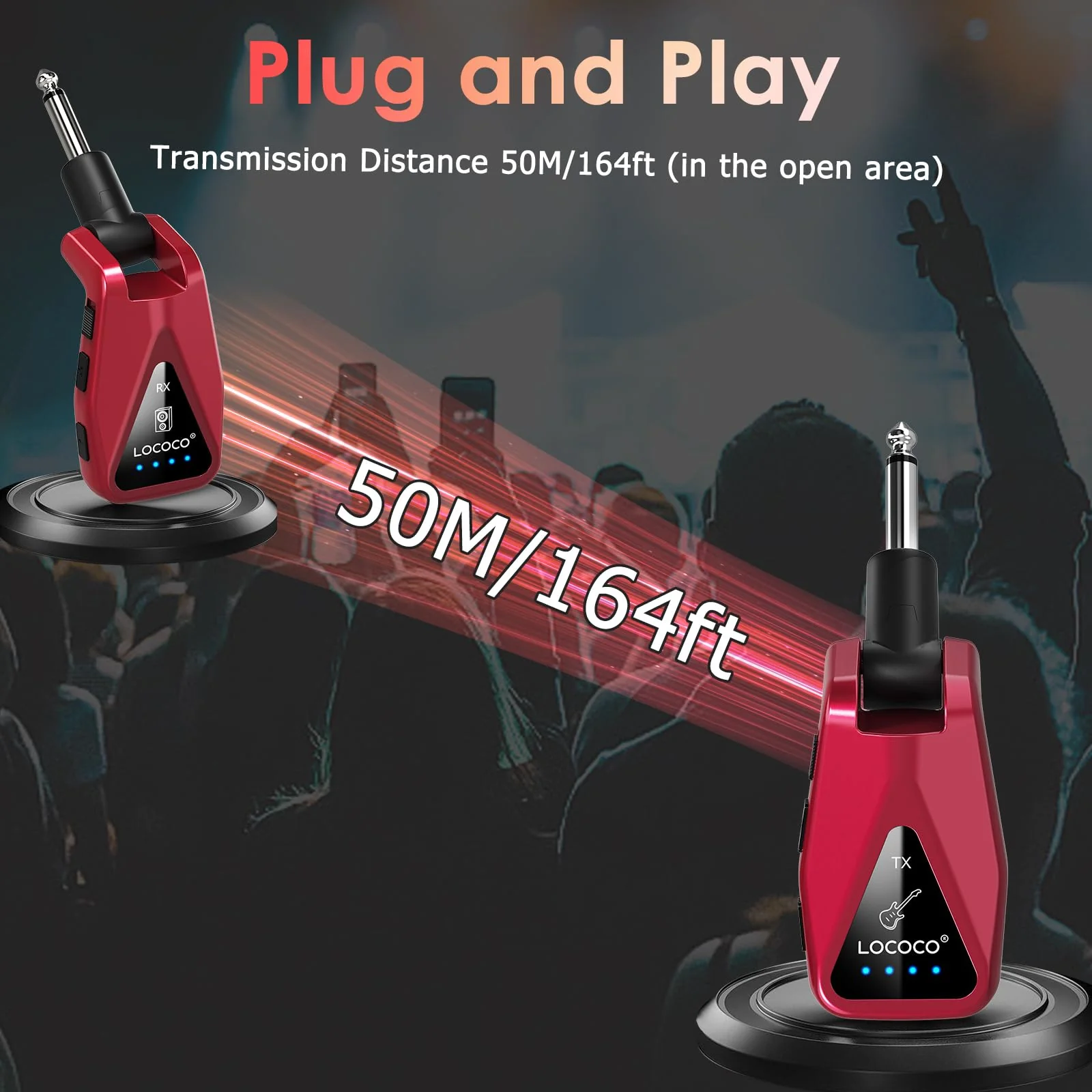 Wireless Guitar System Transmitter Receiver: UHF Cordless 164 Feet Range - 6 Channels USB-C Rechargeable Audio, 220° Rotatable Plug Design for Guitar Bass and Electric Instruments(Red) red - Image 2
