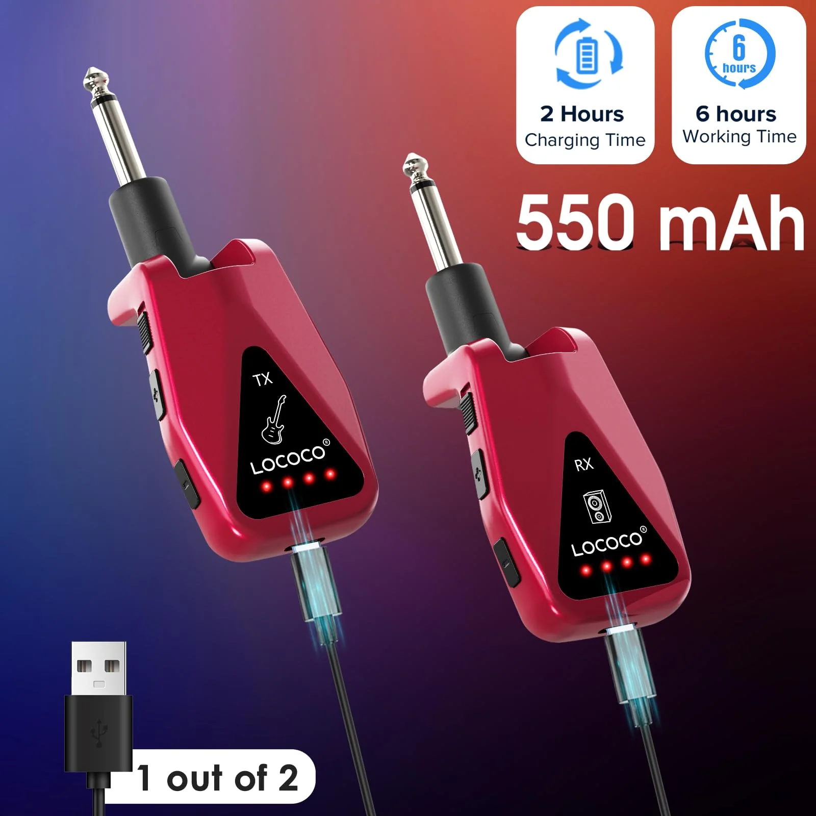 Wireless Guitar System Transmitter Receiver: UHF Cordless 164 Feet Range - 6 Channels USB-C Rechargeable Audio, 220° Rotatable Plug Design for Guitar Bass and Electric Instruments(Red) red - Image 3