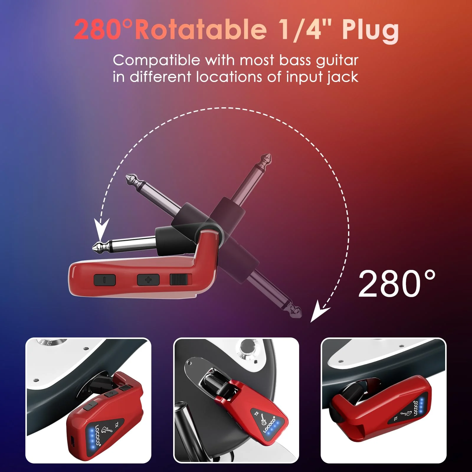 Wireless Guitar System Transmitter Receiver: UHF Cordless 164 Feet Range - 6 Channels USB-C Rechargeable Audio, 220° Rotatable Plug Design for Guitar Bass and Electric Instruments(Red) red - Image 4