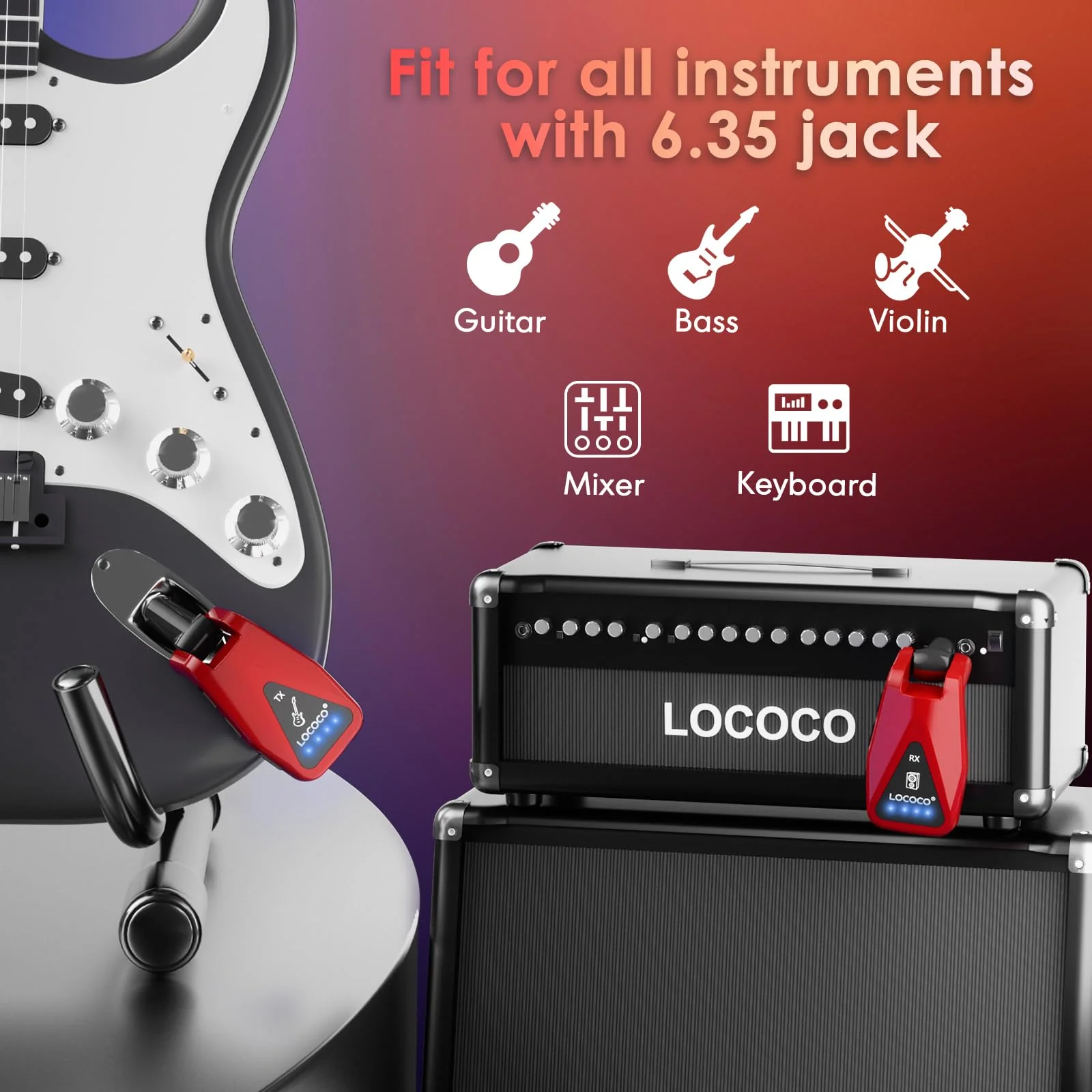 Wireless Guitar System Transmitter Receiver: UHF Cordless 164 Feet Range - 6 Channels USB-C Rechargeable Audio, 220° Rotatable Plug Design for Guitar Bass and Electric Instruments(Red) red - Image 5