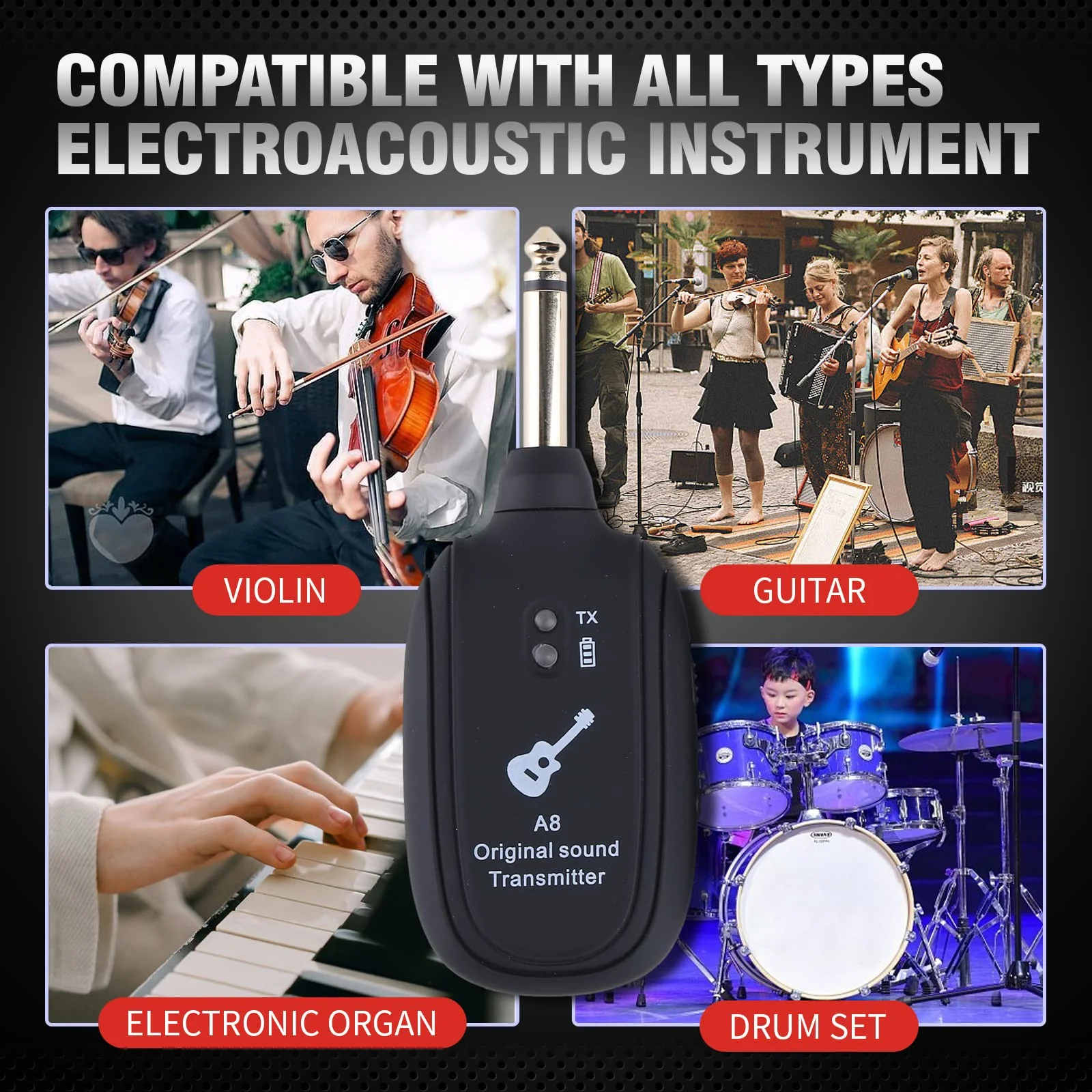Wireless Guitar System - Transmitter Receiver with Built-in Rechargeable Battery, 4 Channels for Electric Guitar, Bass, Violin - Image 6
