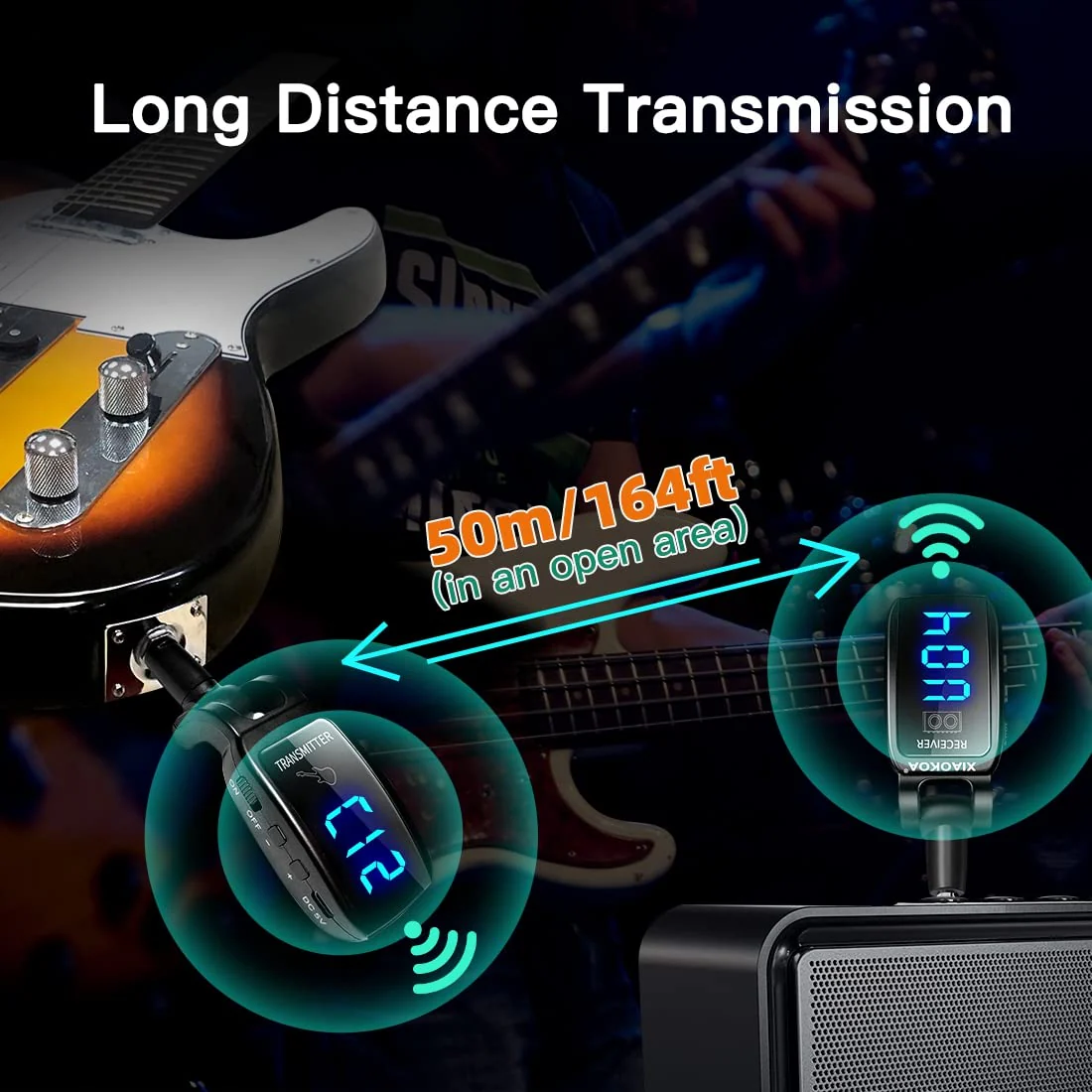 Wireless Guitar System, UHF 15 Channels Rechargeable Transmitter Receiver, 164ft Range with LED Screen, for Electric Bass Musical Instruments （Black） black - Image 3