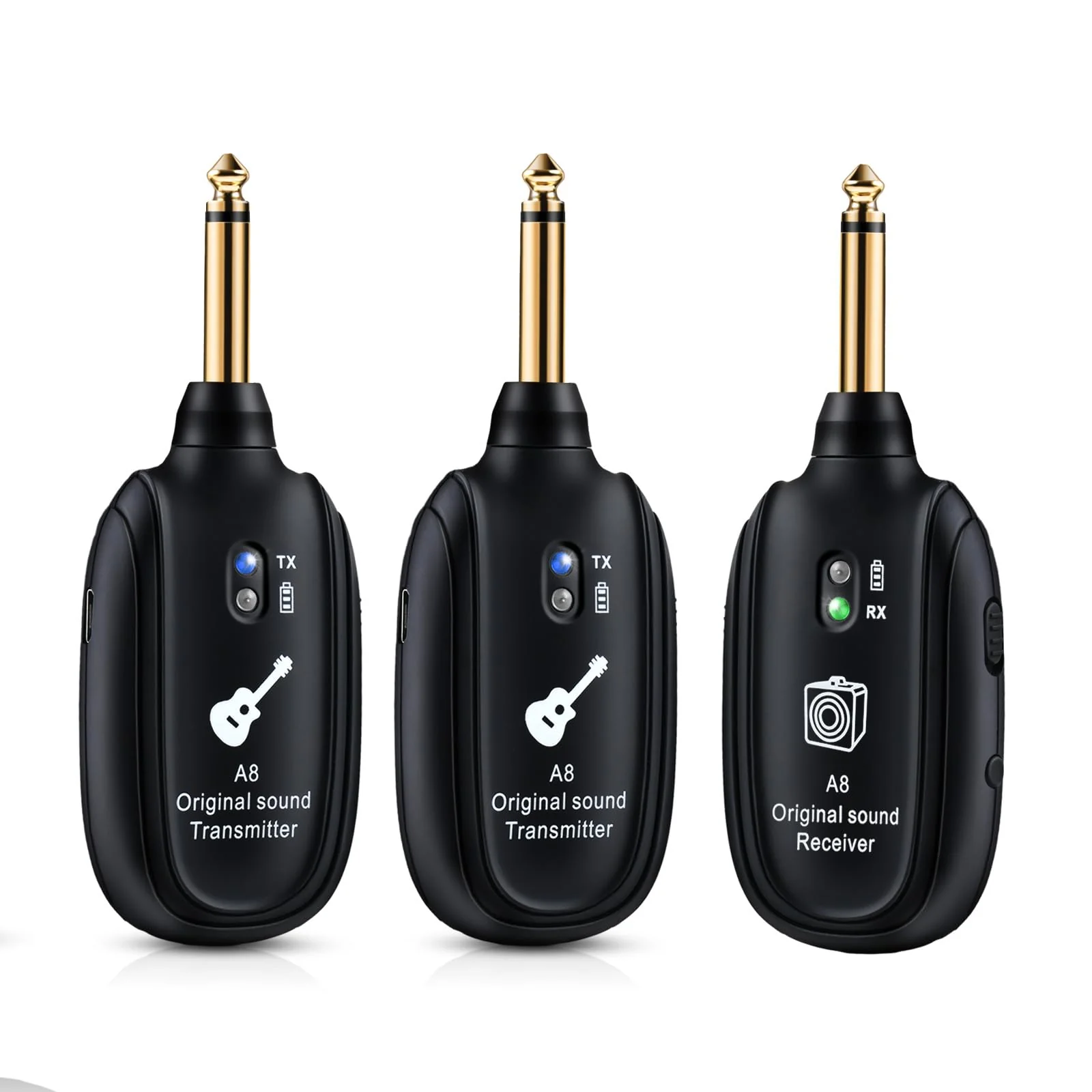 Wireless Guitar System UHF 2 Modes, Rechargeable Li-Battery, 100ft Range, Plug & Play for Guitar, Bass, Violin, Keyboard - Black (2TX + 1RX) A8-2