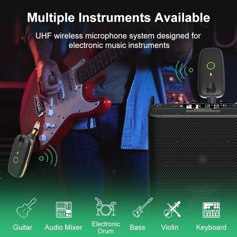 Wireless Guitar System with UHF Transmitter and Receiver, 7-Channel Rechargeable Audio, 164 Feet Range, 1/4” and 1/8” 2 in 1 Plug, USB-C Charging, Perfect for Guitar Bass Electric Musical Instruments - Image 3