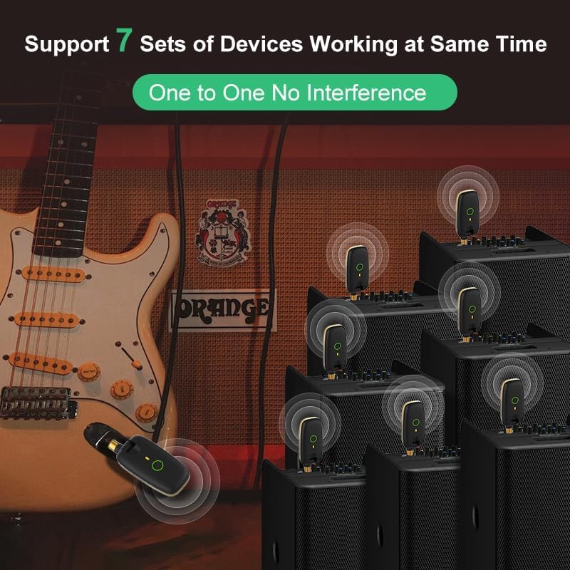 Wireless Guitar System with UHF Transmitter and Receiver, 7-Channel Rechargeable Audio, 164 Feet Range, 1/4” and 1/8” 2 in 1 Plug, USB-C Charging, Perfect for Guitar Bass Electric Musical Instruments - Image 4