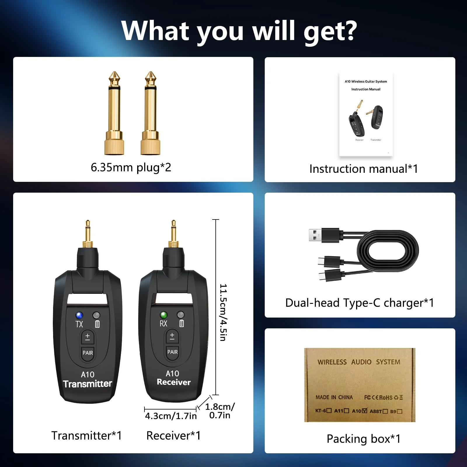 Wireless Guitar Transmitter Receiver 2.4GHz Rechargeable, 6.35mm and 3.5mm Plugs Audio Wireless Guitar System 250° Rotatable for Bass Keyboard Drums Multiple Instruments (A10 Black) - Image 8