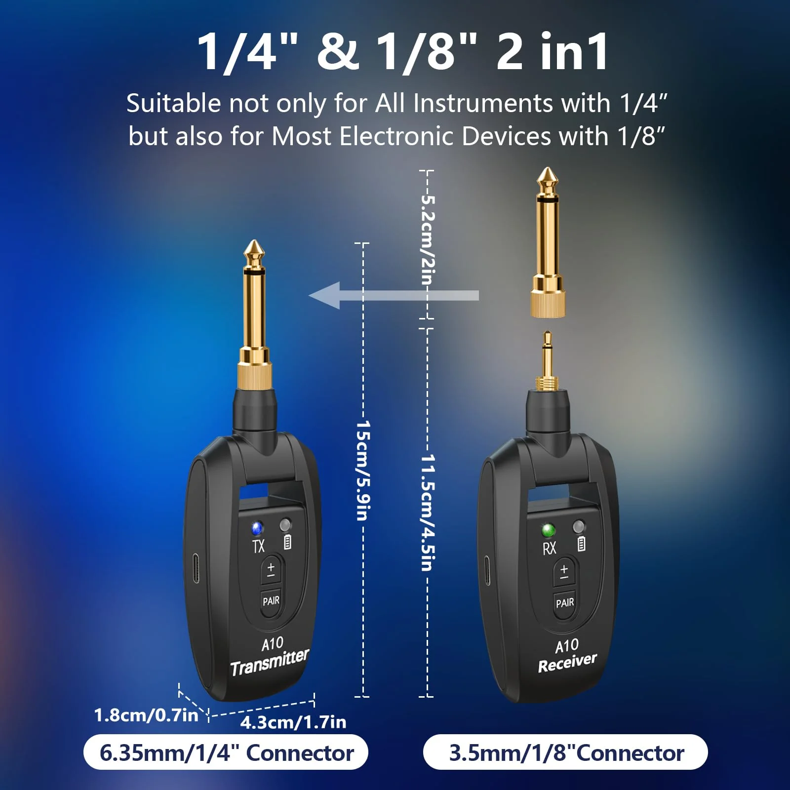 Wireless Guitar Transmitter Receiver 2.4GHz Rechargeable, 6.35mm and 3.5mm Plugs Audio Wireless Guitar System 250° Rotatable for Bass Keyboard Drums Multiple Instruments (A10 Black) - Image 9