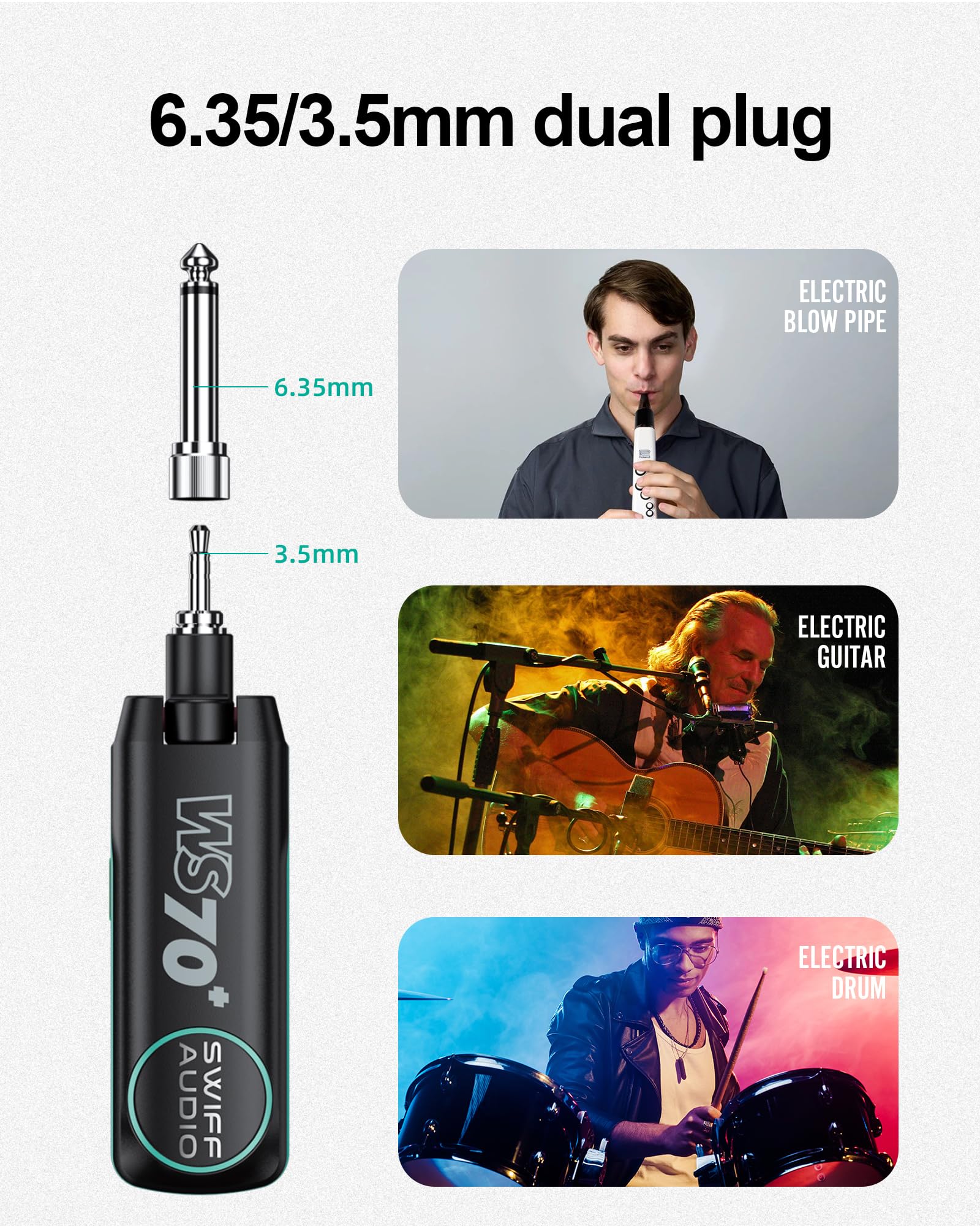 Wireless Guitar Transmitter Receiver Rechargeable Wireless Guitar System 10 Channels Transmission Range for 6.35mm/3.5mm Musical Instrument WS-70+ - Image 5