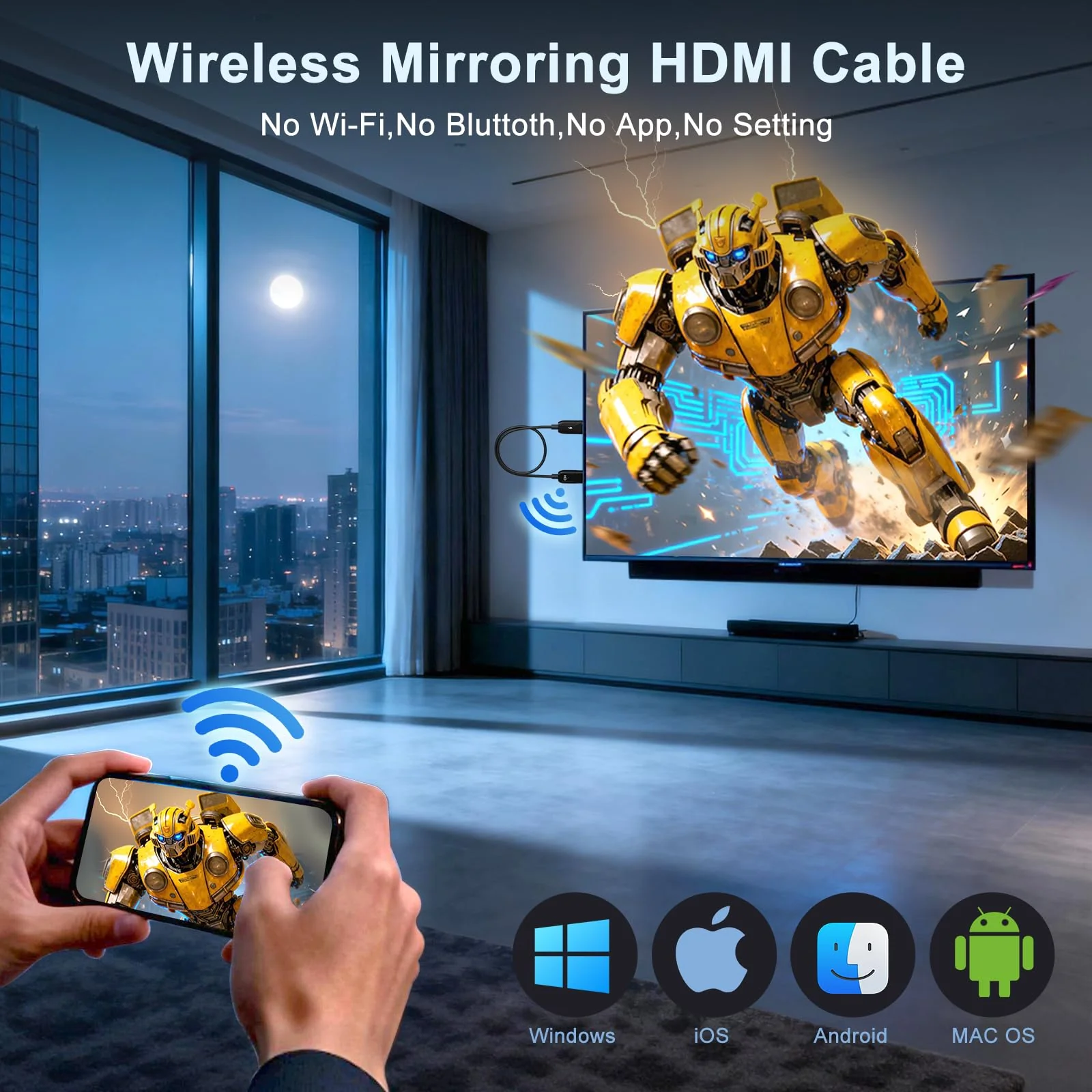 Wireless HDMI Display Adapter for iPhone, Wireless Mirroring Cable for iPhone,iPad,MacBook,Android,Windows to TV/Monitor/Projector,Streaming Video/Audio/Files,Supported Airplay & Miracast - Image 2