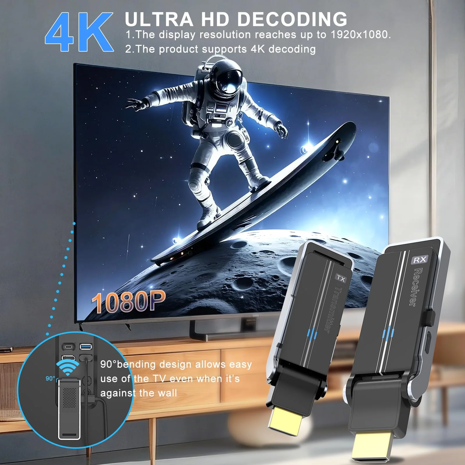 Wireless HDMI Transmitter & Receiver Kit with Heat Dissipation, 90° Bendable Interface, Dual-Band 2.4G/5G - Stream Video & Audio from Laptops/TV Boxes/Projectors to Monitors (Equip USB-C to HDMI) - Image 3