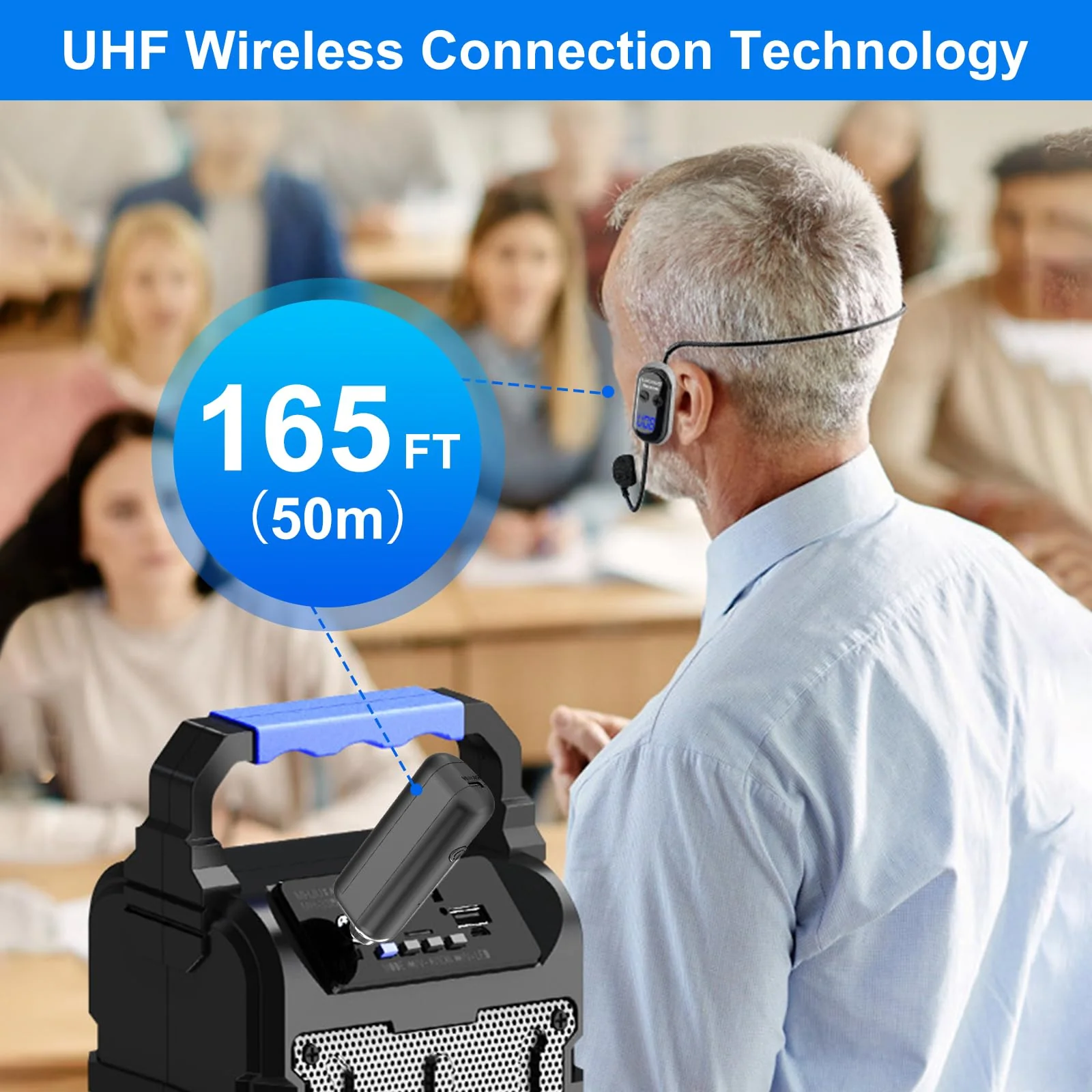 Wireless Headset Microphone Double Mic: UHF Mics Head for Two People with LED Digital Display - Head Handheld Mic 2 in 1, 165 ft Range for Voice Amplifier, Tour Guide, Teaching, Fitness, PA System Silver2 - Image 4