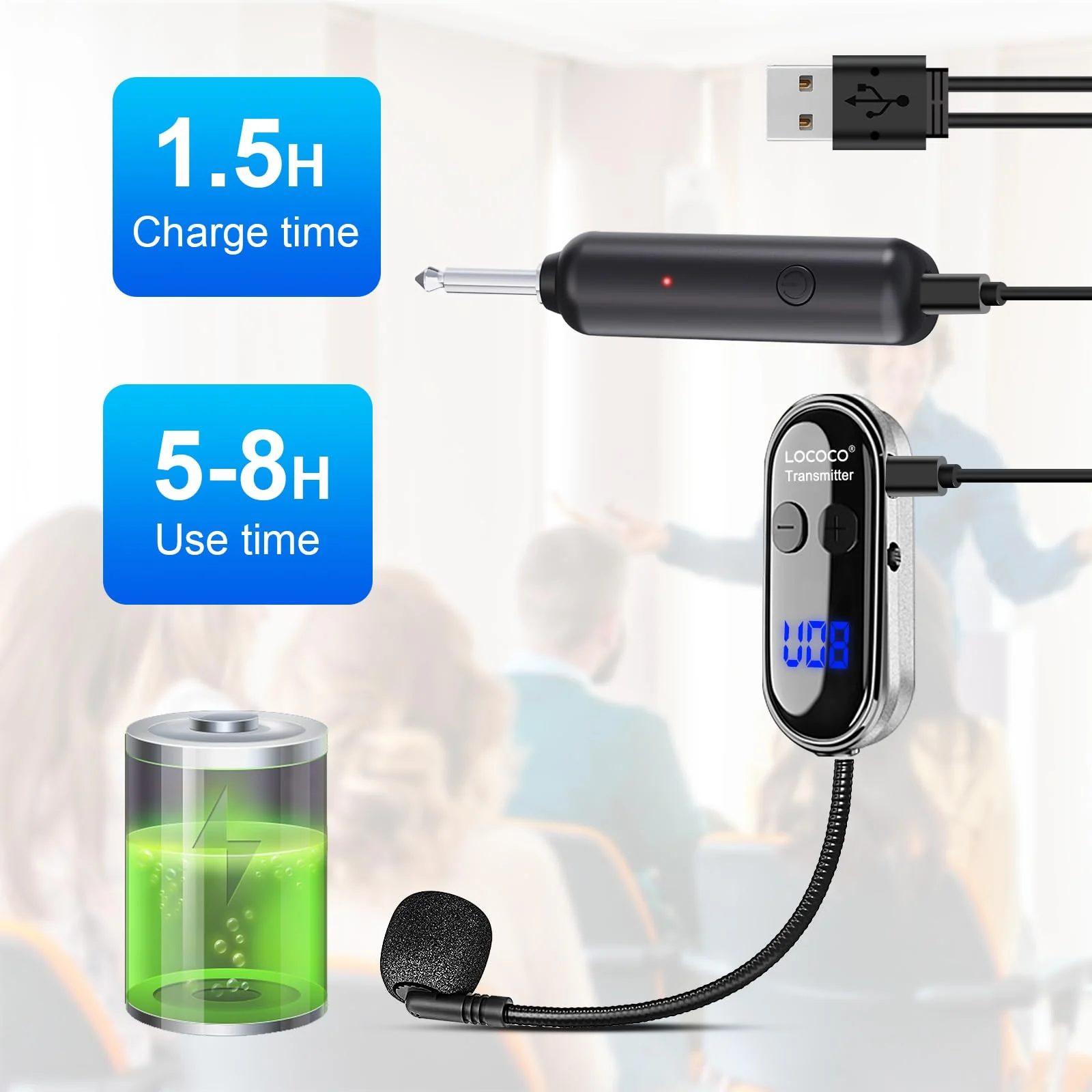Wireless Headset Microphone Double Mic: UHF Mics Head for Two People with LED Digital Display - Head Handheld Mic 2 in 1, 165 ft Range for Voice Amplifier, Tour Guide, Teaching, Fitness, PA System Silver2 - Image 5