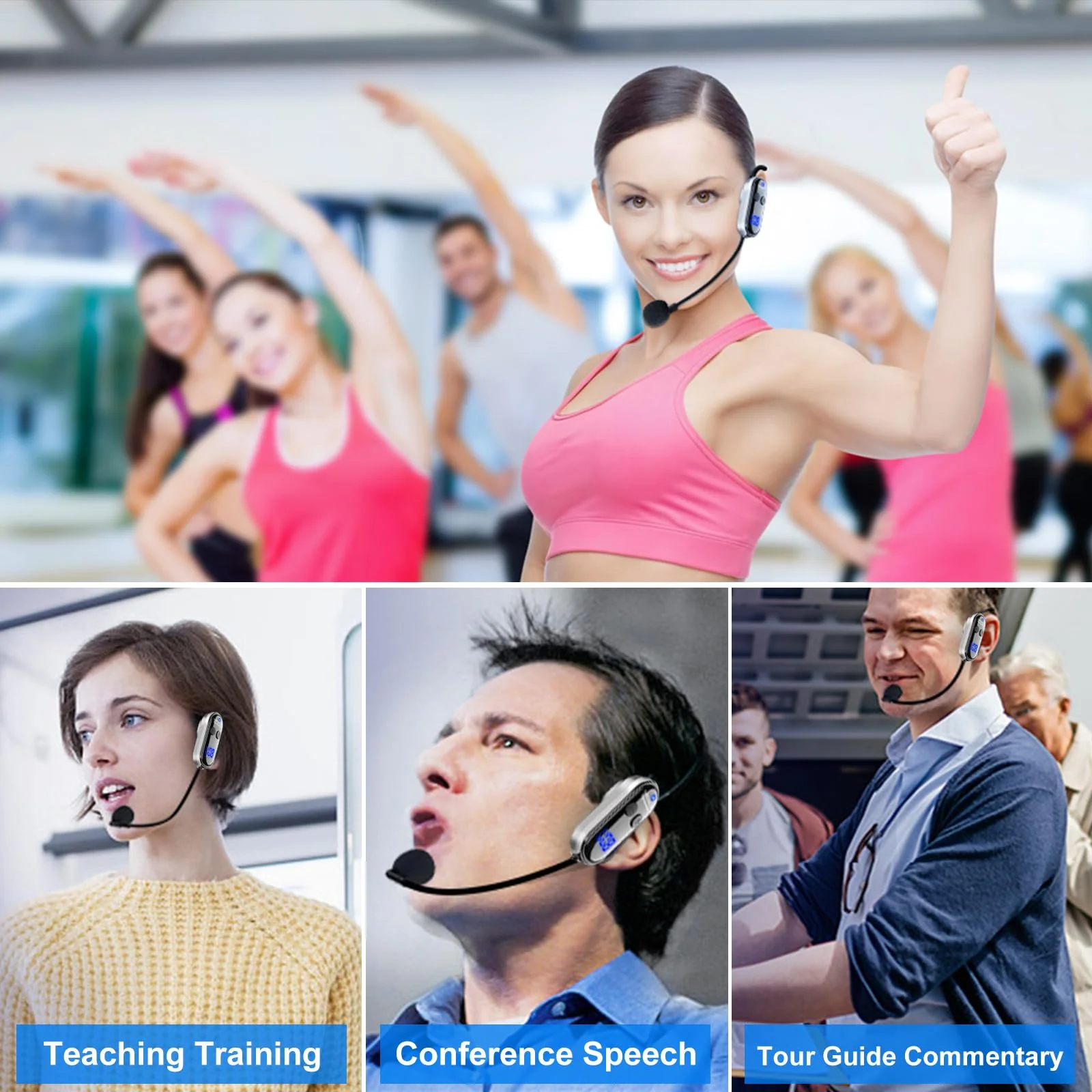 Wireless Headset Microphone Double Mic: UHF Mics Head for Two People with LED Digital Display - Head Handheld Mic 2 in 1, 165 ft Range for Voice Amplifier, Tour Guide, Teaching, Fitness, PA System Silver2 - Image 6