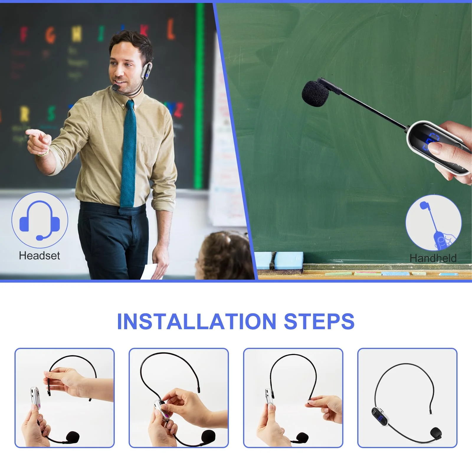 Wireless Headset Microphone Double Mic: UHF Mics Head for Two People with LED Digital Display - Head Handheld Mic 2 in 1, 165 ft Range for Voice Amplifier, Tour Guide, Teaching, Fitness, PA System Silver2 - Image 7