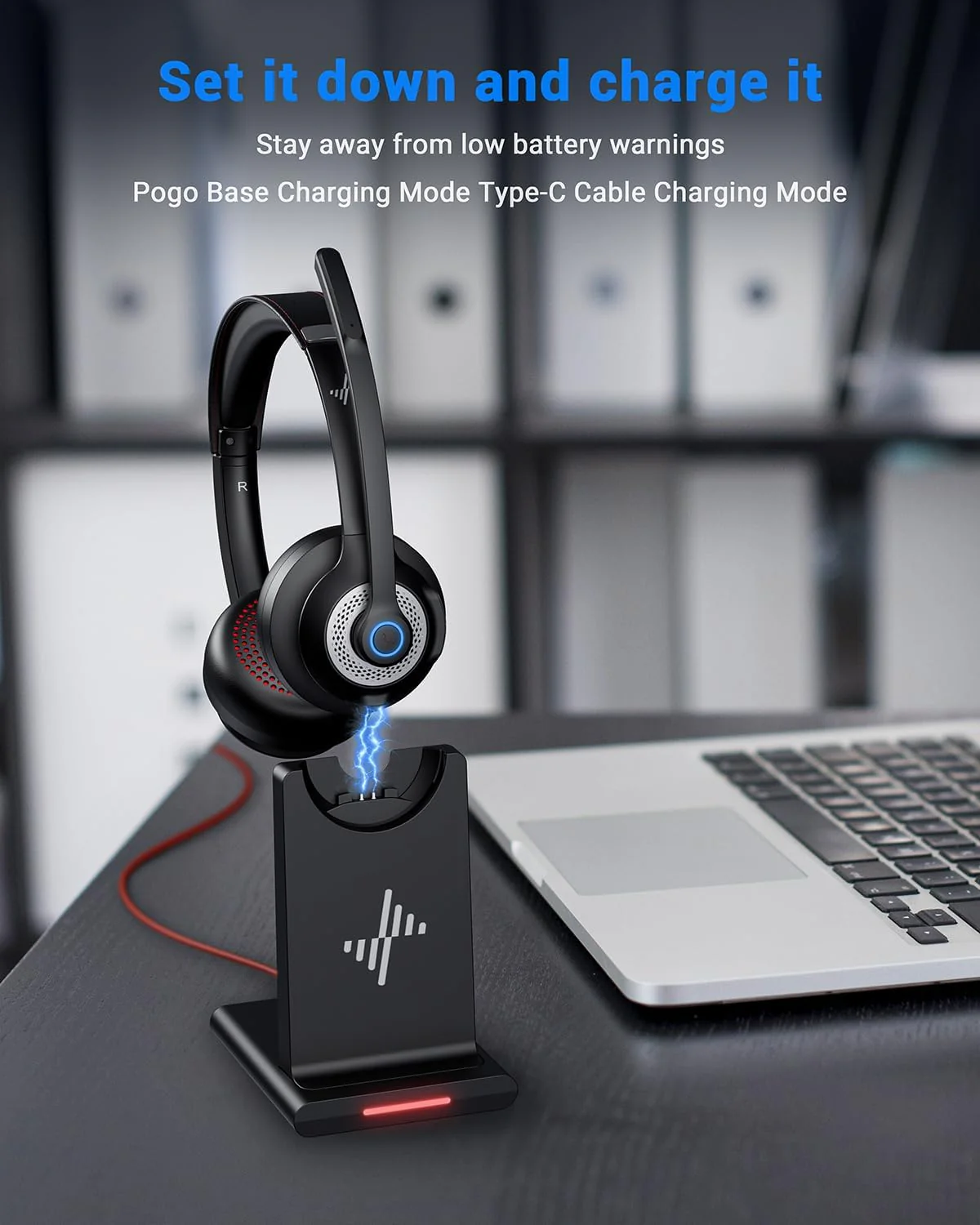 Wireless Headset with AI Noise Cancelling Microphone Bluetooth Headset - Bluetooth V5.2 Headphones with USB Dongle, Charging Base & Mic Mute for Computer/Laptop/PC/iPhone/Android/Cell Phones Black - Image 2