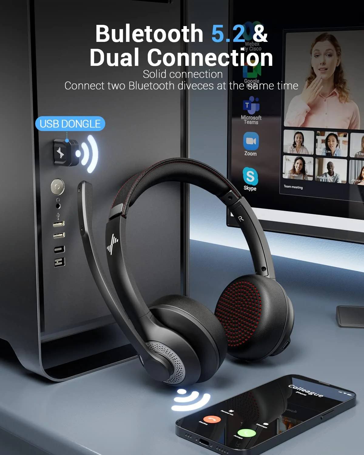 Wireless Headset with AI Noise Cancelling Microphone Bluetooth Headset - Bluetooth V5.2 Headphones with USB Dongle, Charging Base & Mic Mute for Computer/Laptop/PC/iPhone/Android/Cell Phones Black - Image 3