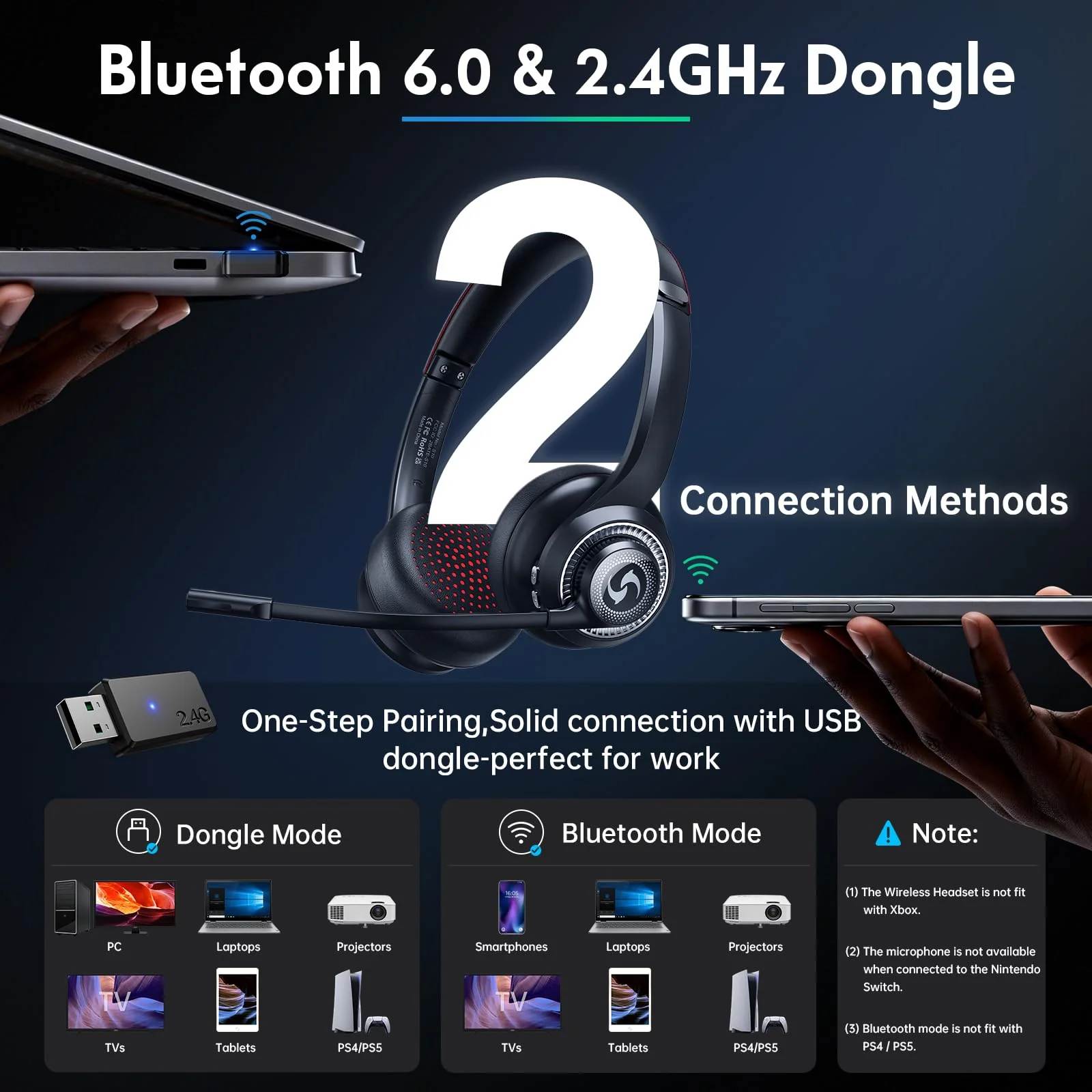 Wireless Headset with Mic for Work, Dual-Mode Connectivity, Stable 50+ Playtime& 2.4GHz Dongle Fit for PC/ PS4/ PS5/ Cell Phones, Bluetooth Headset for Work- Call Center/Teams- Black - Image 3