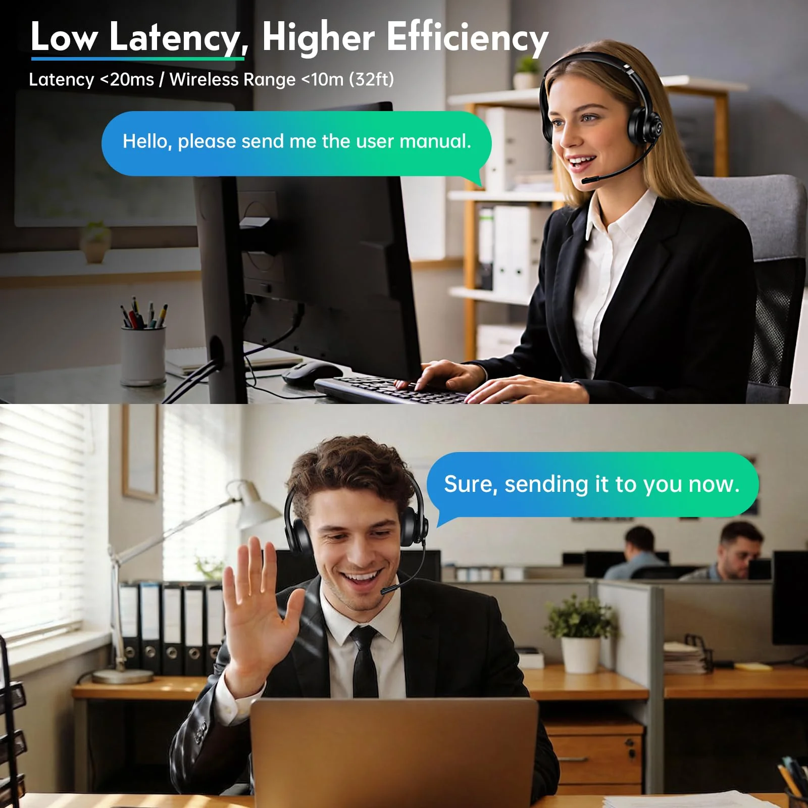 Wireless Headset with Mic for Work, Dual-Mode Connectivity, Stable 50+ Playtime& 2.4GHz Dongle Fit for PC/ PS4/ PS5/ Cell Phones, Bluetooth Headset for Work- Call Center/Teams- Black - Image 5