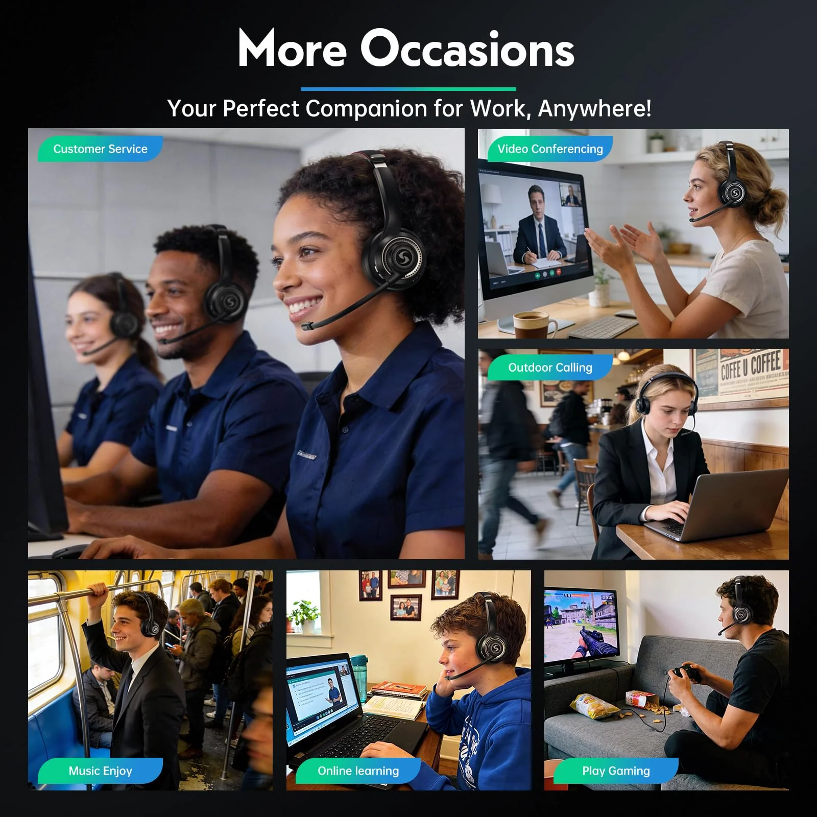 Wireless Headset with Mic for Work, Dual-Mode Connectivity, Stable 50+ Playtime& 2.4GHz Dongle Fit for PC/ PS4/ PS5/ Cell Phones, Bluetooth Headset for Work- Call Center/Teams- Black - Image 9
