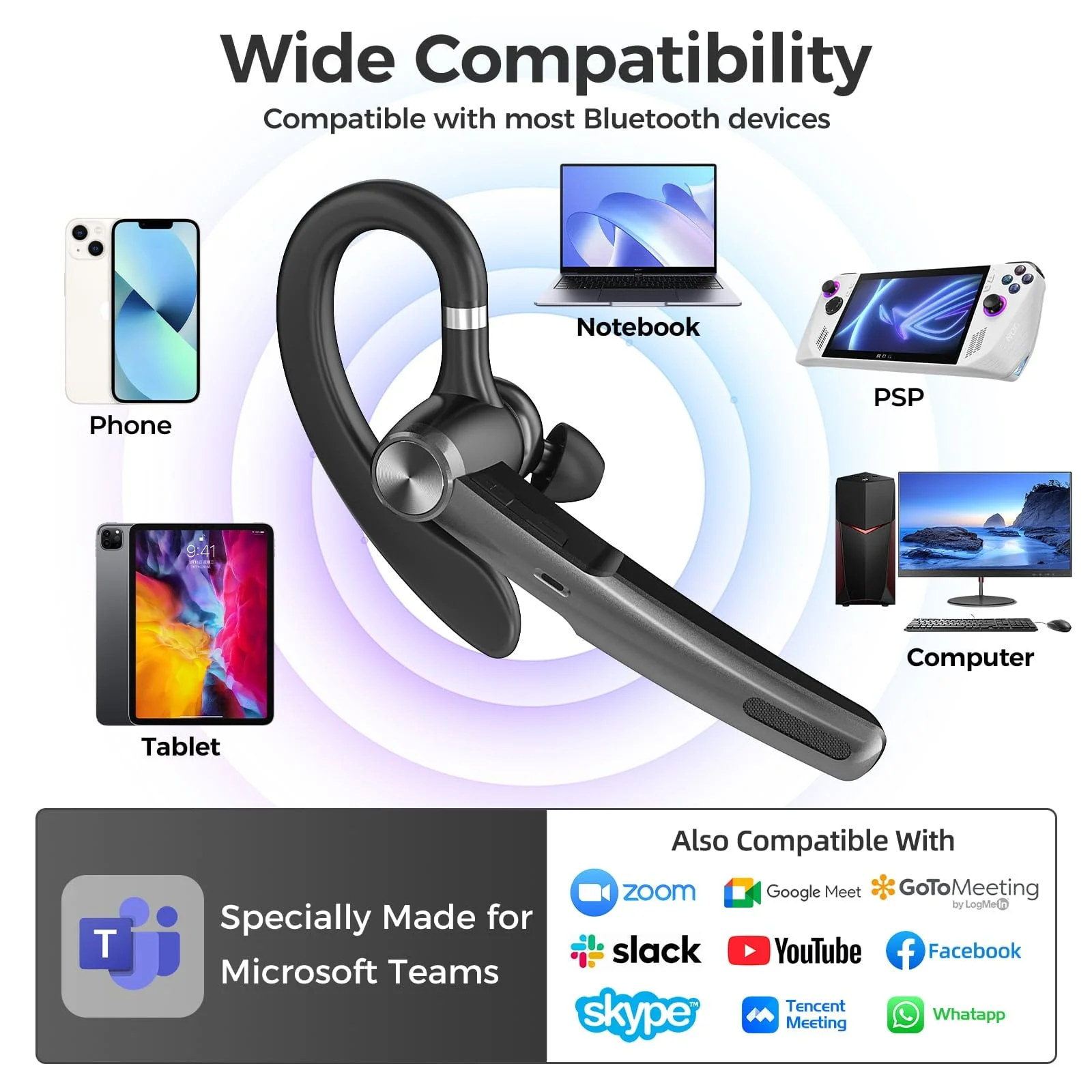 Wireless Headset with Mic for Work: Trucker Bluetooth Headphones with USB Dongle Noise Cancelling Microphone Wireless Earpiece for Business/Computer/Laptop/Cell Phones/Remote Work/Call Center Black-G3-dongle - Image 2